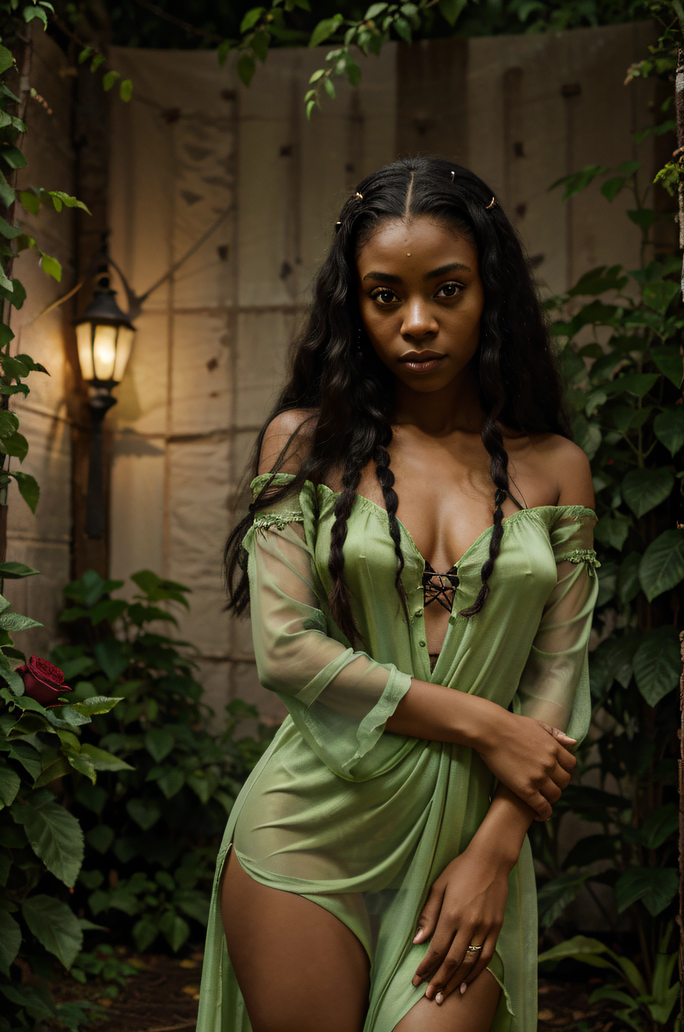 Girl about 25 years old, African american, The Forest Witch, big eyes, with long hair, ethnic tattoos, a little bit sad, stands against the backdrop of a garden with roses, dressed in a green silk translucent dress with a deep neckline, Holding a lily in your hands. Evening, The light is on. gotik, Dark, Fine art painting, cinema, 8K