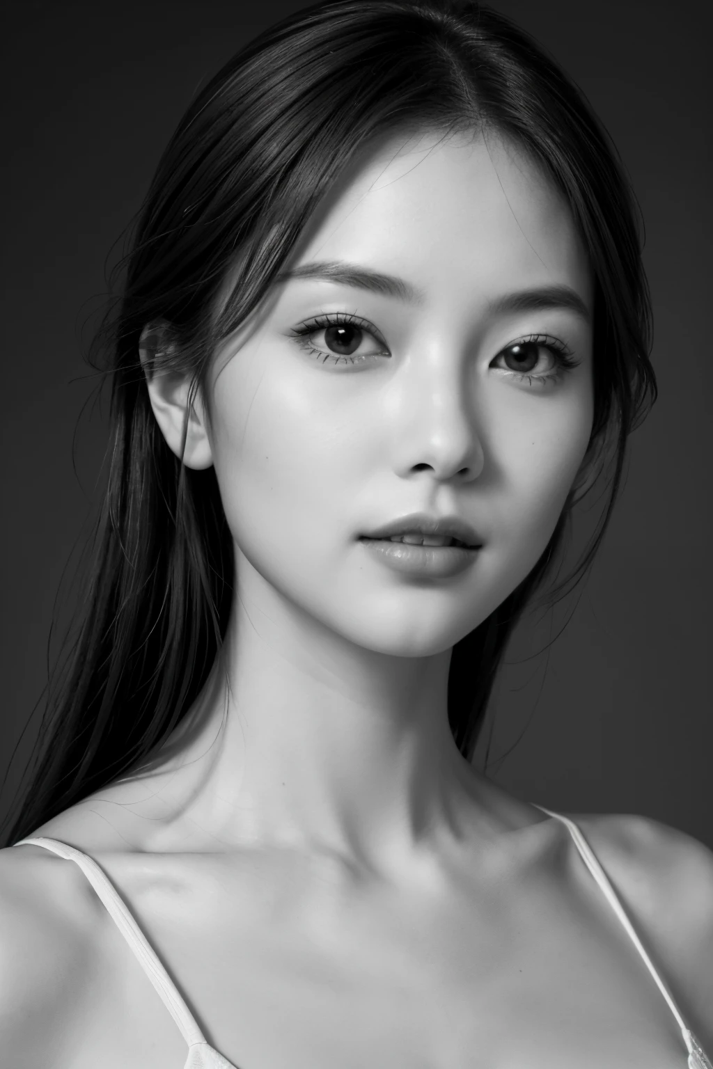 A black and white photo of a woman with long hair - SeaArt AI