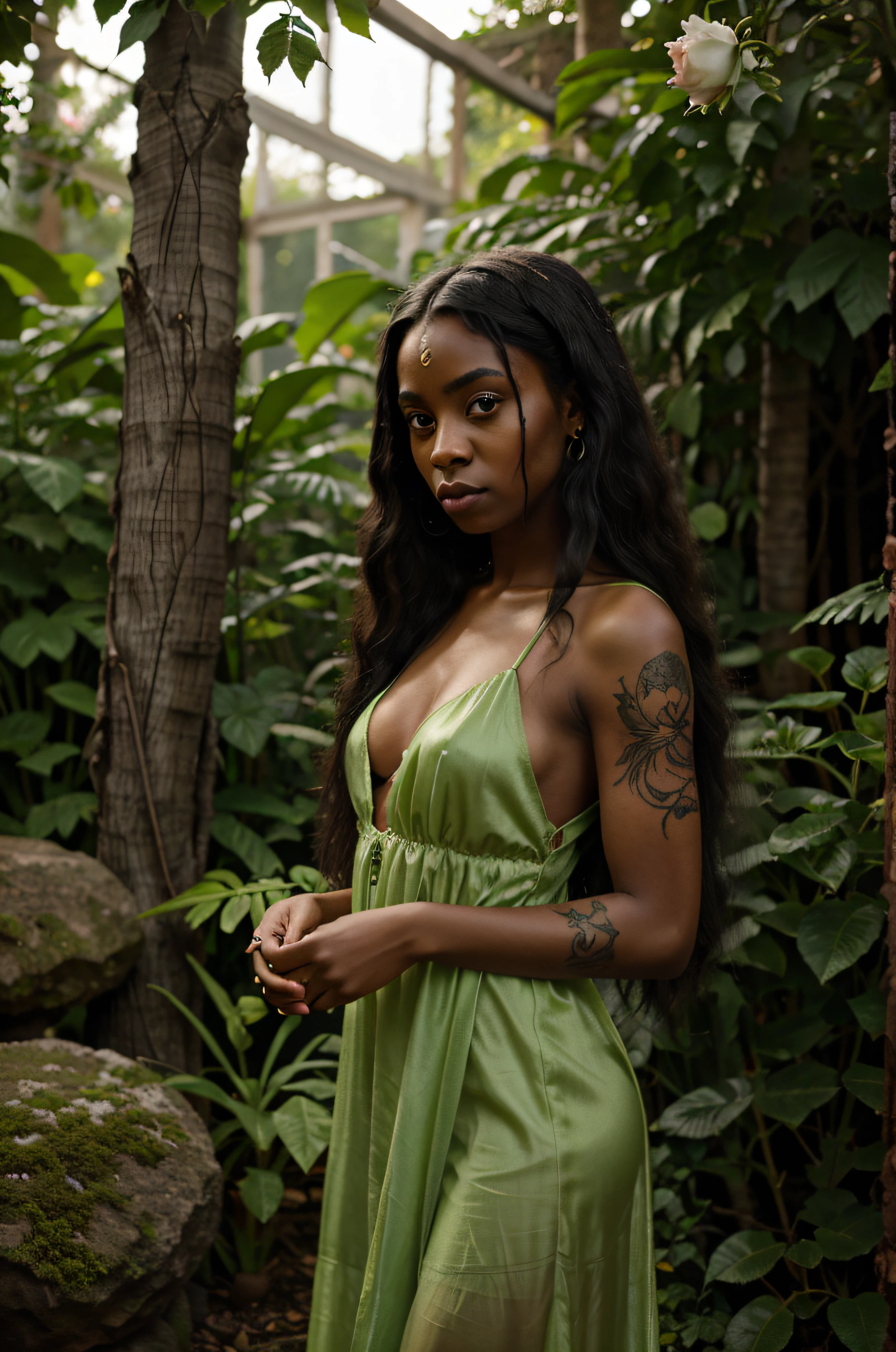 Girl about 25 years old, African american, The Forest Witch, big eyes, with long hair, ethnic tattoos, a little bit sad, stands against the backdrop of a garden with roses, dressed in a green silk translucent dress with a deep neckline, Holding a lily in your hands. Evening, The light is on. gotik, Dark, Fine art painting, cinema, 8K
