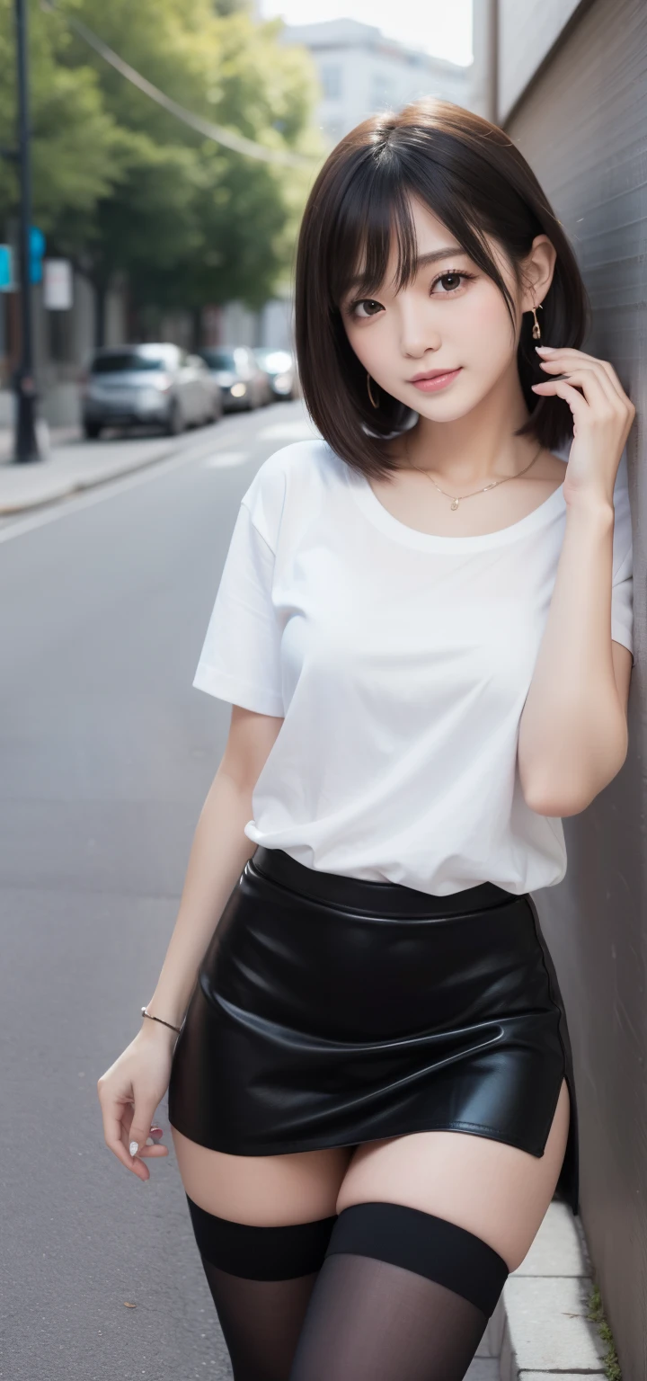 masutepiece, Best Quality, Ultra-detailed, finely detail, hight resolution, 8K Wallpaper, Perfect dynamic composition, Beautiful detailed eyes, (Plain white T-shirt、Black tight skirt、Black stockings:1.2)、Put your hair over your ears、Black skirt that shows both ears、Beautiful collarbone、short-hair、Natural Color Lip, Bold sexy poses,Smile,In the street、chee、28-year-old girl、Cute、Sexy shot looking at camera、Tempting、Beautiful breasts、well-shaped breasts, Beautiful buttocks, and a thin waist、Smaller buttocks、Small butt、Seduction Pose、Emphasis on slender、beauty legs、Touching your own thighs、Seduce with beautiful legs、The thighs are erotic、Naughty smile