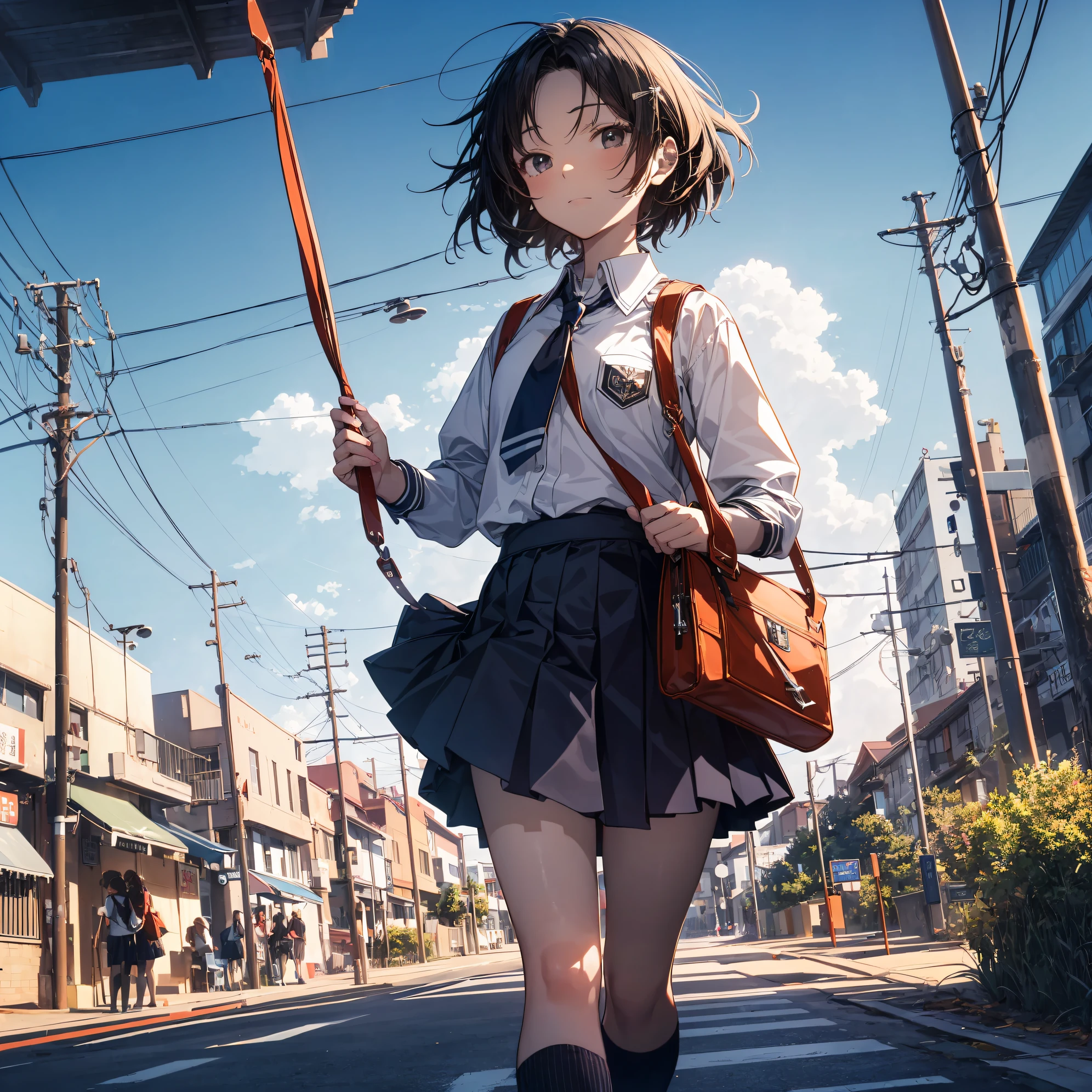 ((top-quality, god quality, Ultra-detailed, High resolution,super detailed skin,anime moe art style,Best Anime 8K Konachan Wallpapers,Pixiv Contest Winner,Perfect Anatomy)),BREAK, (Draw a girl sleepily walking to school. ),BREAK, 1girl is a cool beautiful girl, (Solo,Lori,child,13years:1.3),a junior high school student, Androgynous attraction, (Center part very short hair),hair messy, Forehead, Full limbs, complete fingers,flat chest, Small butt, groin, Small eyes,Beautiful detailed black eyes,Well-proportioned iris and pupils,disgusted eye, Famous Japanese school uniforms, Skirt,On the way to school. BREAK, Best lighting by famous artists, 8K, Illustration,
