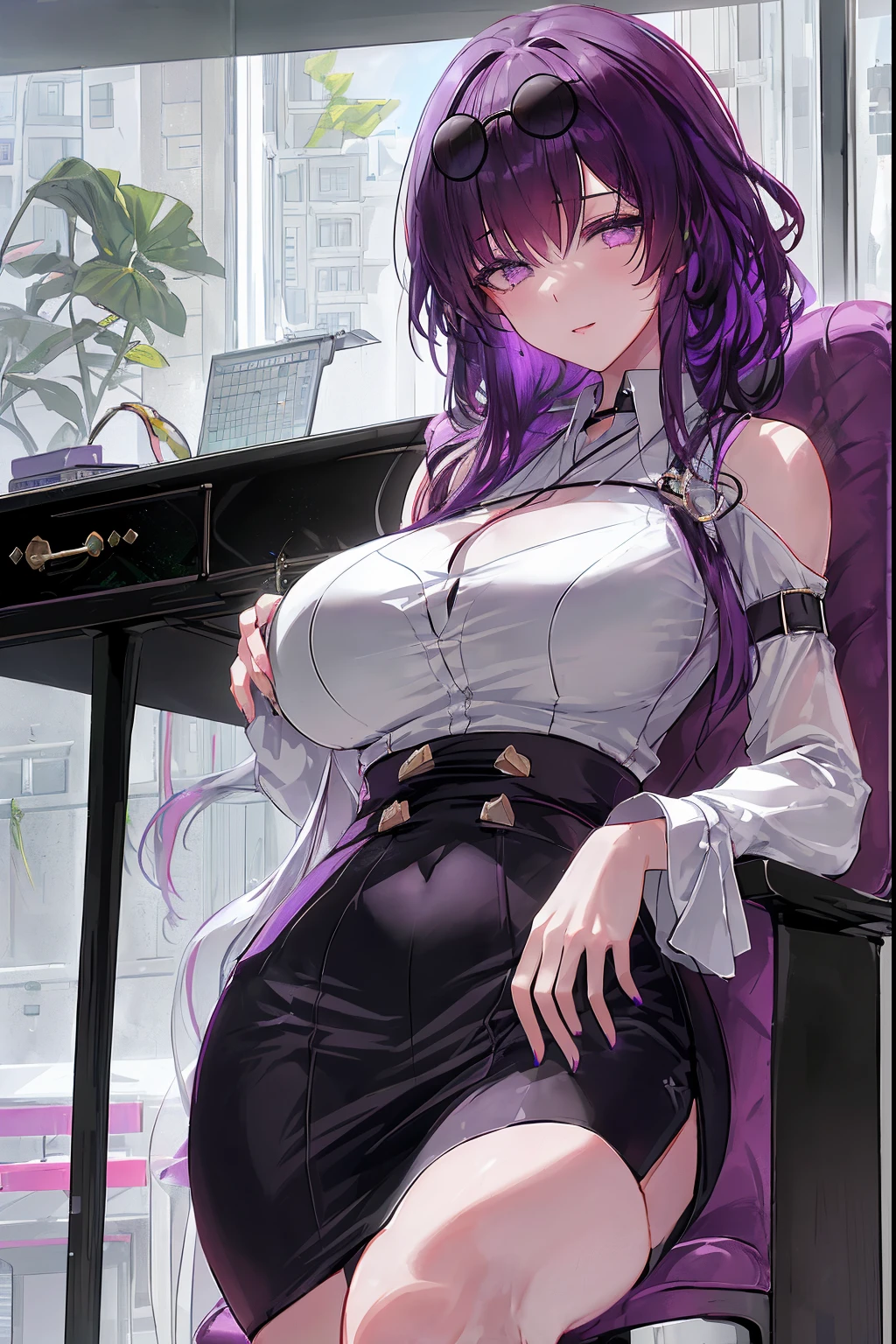 KafkaHKS, 1girll, 独奏, ((white shirt)), black thighhigns, ,, , office backdrop, a black skirt, pleatedskirt, office room, hair between eye, sunglasses on head,big cleavage breasts, long whitr hair, looking at viewert, Purple colored hair, Short purple nails, Purple eye, 独奏, upper legs, upper legs, upper legs, long whitr hair, ((tmasterpiece)), Sat down, a chair, Computer on the desk, name badge, ID tags, inside in room, Be red in the face, sexyposture,