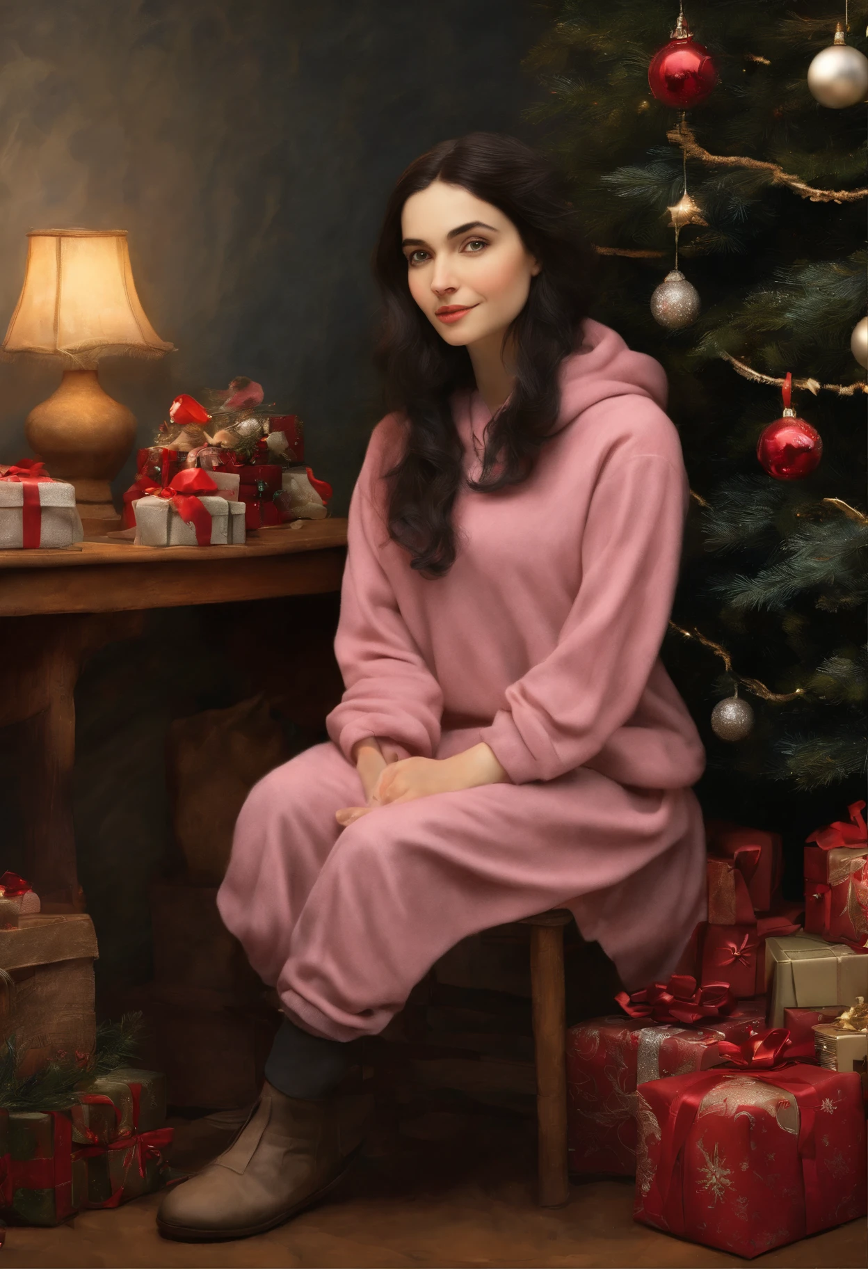 真实感, a painting, Fantasy fairy tale, Christmas style, John Tolkien style, Small painting by Jean-Baptiste Monge, Soft facial features, Rocker Girl, sitting in a chair with flowing straight black hair near the Christmas tree, Soft facial features, Wearing trousers, Wearing a hoodie, With light makeup, dark pink lips, lip shape"pearlescent" ,"straight, slightly arched eyebrows, Cyan eyes, heavy-lidded eye shape, Human Hand, Very clear, Without flaws, five fingers, black long straight hair, In a short sweatshirt with a print, in black trousers,mischievous character, Christmas tree, Gifts, Jean-Baptiste Monge, anthropomorphic --ar 2:3 --testp -optimistic;