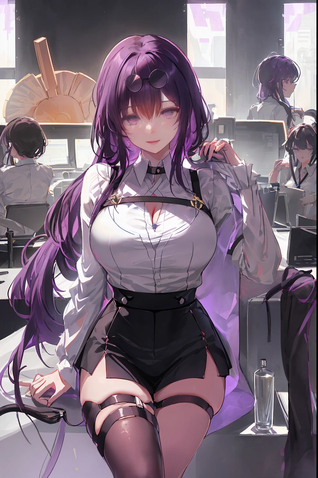 KafkaHKS， 1girll， 独奏， （（white  shirt））， black thighhigns， ，， ， office backdrop， a black skirt， pleatedskirt， office room， hair between eye， sunglasses on head，big cleavage breasts， long whitr hair， looking at viewert， Purple colored hair， Short purple nails， Purple eye， 独奏， upper legs， upper legs， upper legs， long whitr hair， （（tmasterpiece））， Sat down， a chair， Computer on the desk， name badge， ID tags， inside in room， Be red in the face， sexyposture，