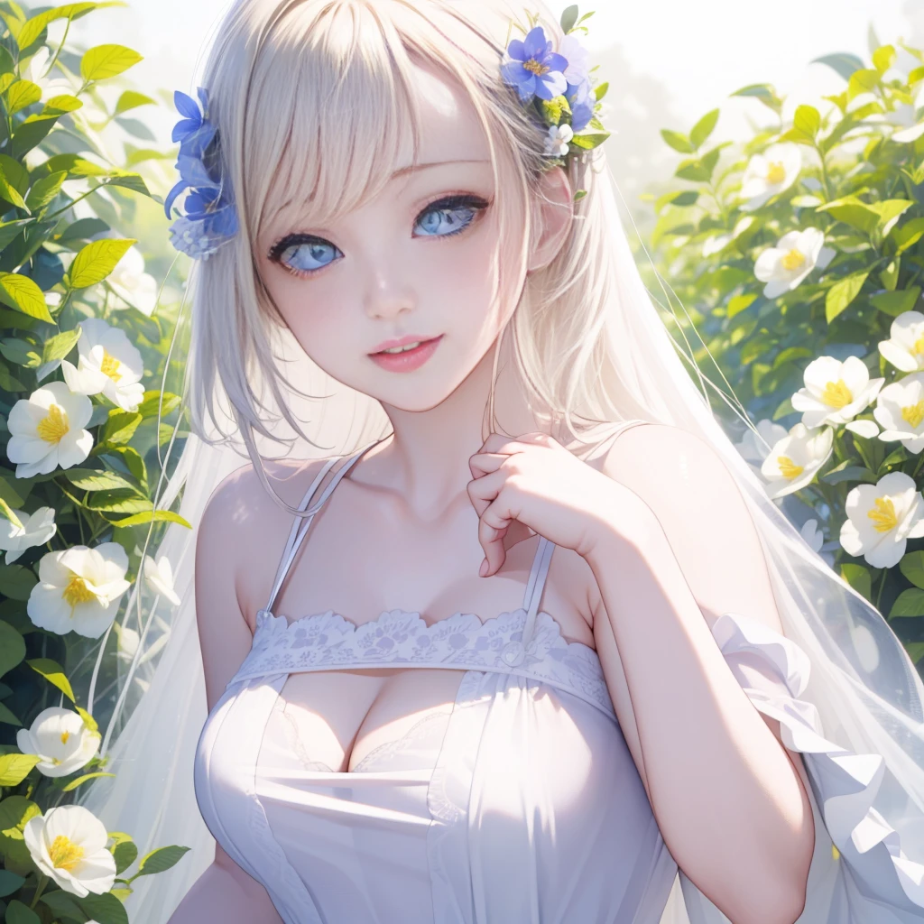 (best quality,4k,highres,masterpiece:1.2),ultra-detailed,(realistic:1.37),portrait,beautiful girl,girl in a garden,blue and white striped panties,detailed eyes,detailed lips,longeyelashes,happy expression,wearing a white dress,flowing hair,standing among colorful flowers,soft sunlight,subtle bokeh