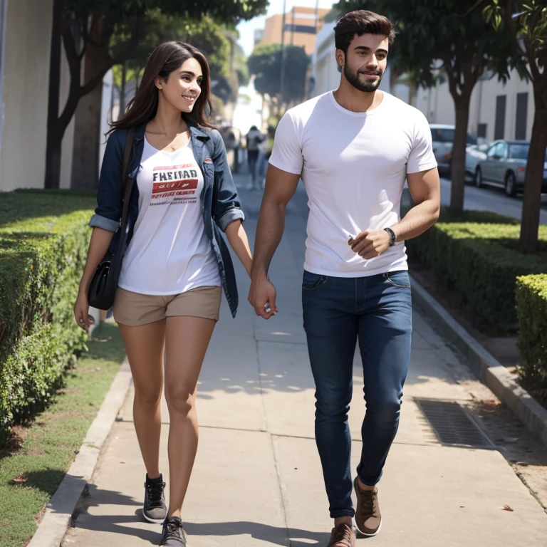 Campus de faculdade, casal hetero caminhando, homem alto e mulher baixinha