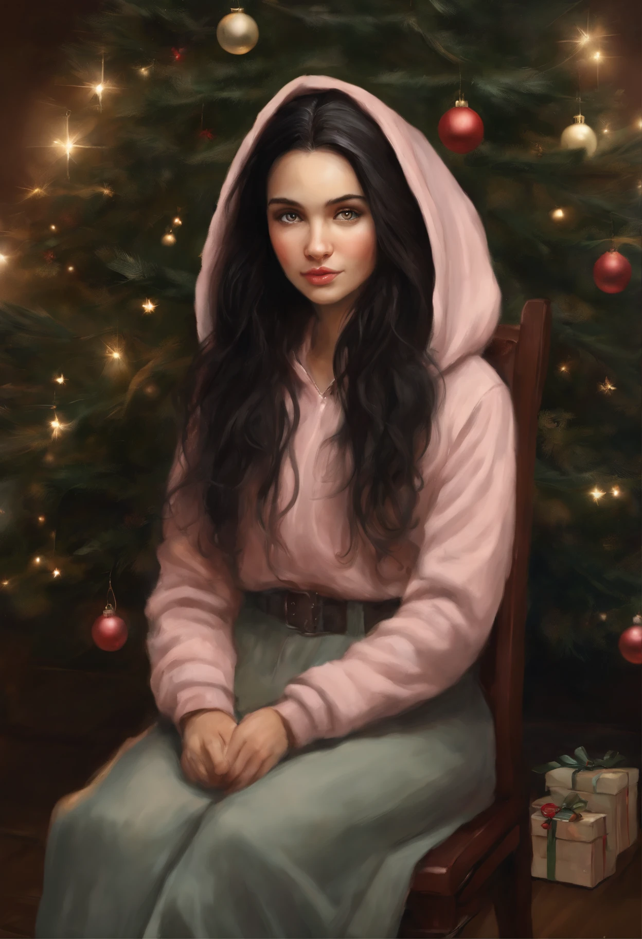 真实感, a painting, fantasy tale, Christmas style, John Tolkien style, Small painting by Jean-Baptiste Monge, portrait of a rocker girl with black Straight hair cascading from under the hood with soft facial features,  Rocker girl soft facial features,  With light makeup,  dark pink lips,  lip shape"pearlescent" ,"curved eyebrows in the shape of Engriberts, blue eyes, heavy-lidded eye shape,   in a knitted hood, black Straight hair sticking out from under the knitted hood, sitting cross-legged in a large soft chair near the Christmas tree, the fireplace is burning in the back,  Wearing trousers,  Wearing a knitted lilac blue hooded sweater, Human hand, very clear without flaws with five fingers, mischievous character, Christmas tree, Gifts, Jean-Baptiste Monge, anthropomorphic --ar 2:3 --testp -optimistic;