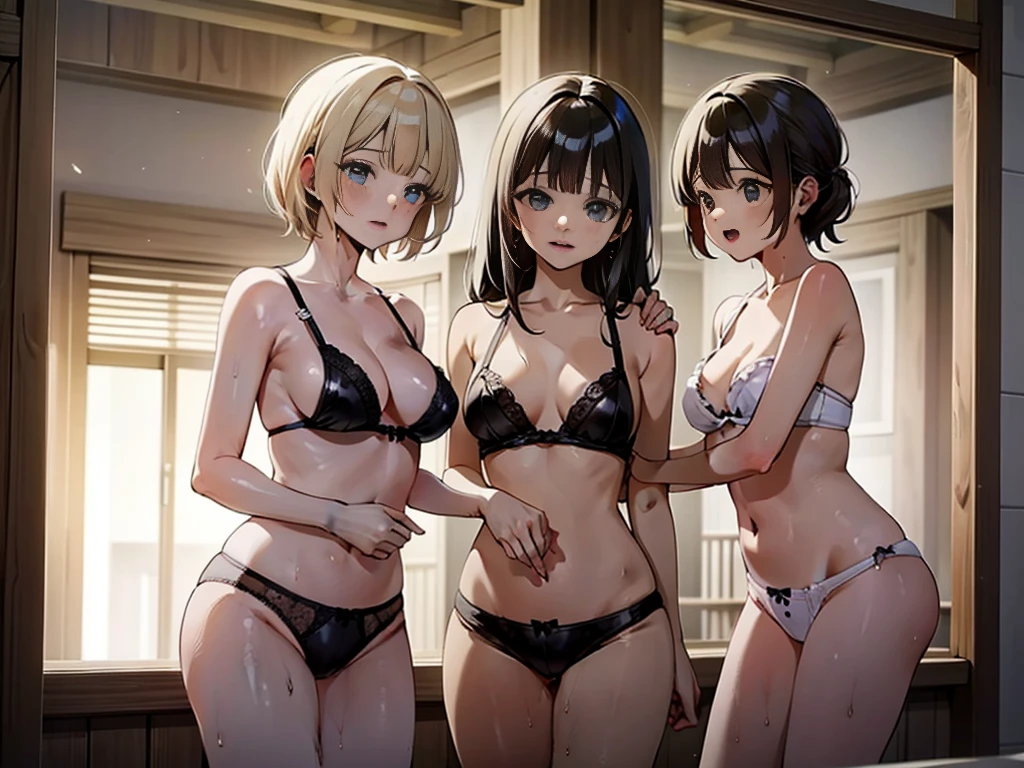 (master part, best quality:1.3), 3 mulheres, seios grandes, Micro TASSET LINGERIE, girls female idol, aconchego casal, Beber, muitos estilos de cabelo, Cabelos Coloridos, olhos coloridos, sorrir, boca entreaberta, cara pretensiosa, Standing, suar, Wet,