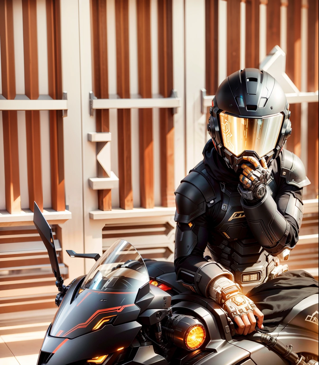 Handsome black mecha cyber warrior，Information mechanical motorcycle，High-tech black full enveloping helmet，Noor， Biomechanical SHN Robot Man，High-tech helmet，hyper realisitc， steel， Complex design， Very detailed very detailed， The lines are extremely clear， 电影灯光， Live photos， A Detailed Masterpiece