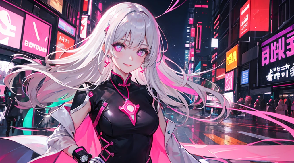 1 girl, Chinese_Clothes, liquid silver and pink, cyberhan, Cheongsam, Cyberpunk City, Dynamic Pose, glowing headphone, glowing hair accessories, Long hair, glowing earrings, glowing necklace, Cyberpunk, High-tech City, Full of mechanical and futuristic elements, Futuristic, Technology, glowing neon, Pink, Pink light,  tulle,  streamers, laser, digital background sky, Big Moon, with vehicle, Best Quality, masutepiece, 8K, character edge light, Super High Detail, High quality, the most beautiful woman in human beings, smiling slightly, Face facing forward、bilaterally symmetrical, ear decoration, beautiful pupil light effects, Visual data, Silver-white hair, glowing watch, deep eye, Happy