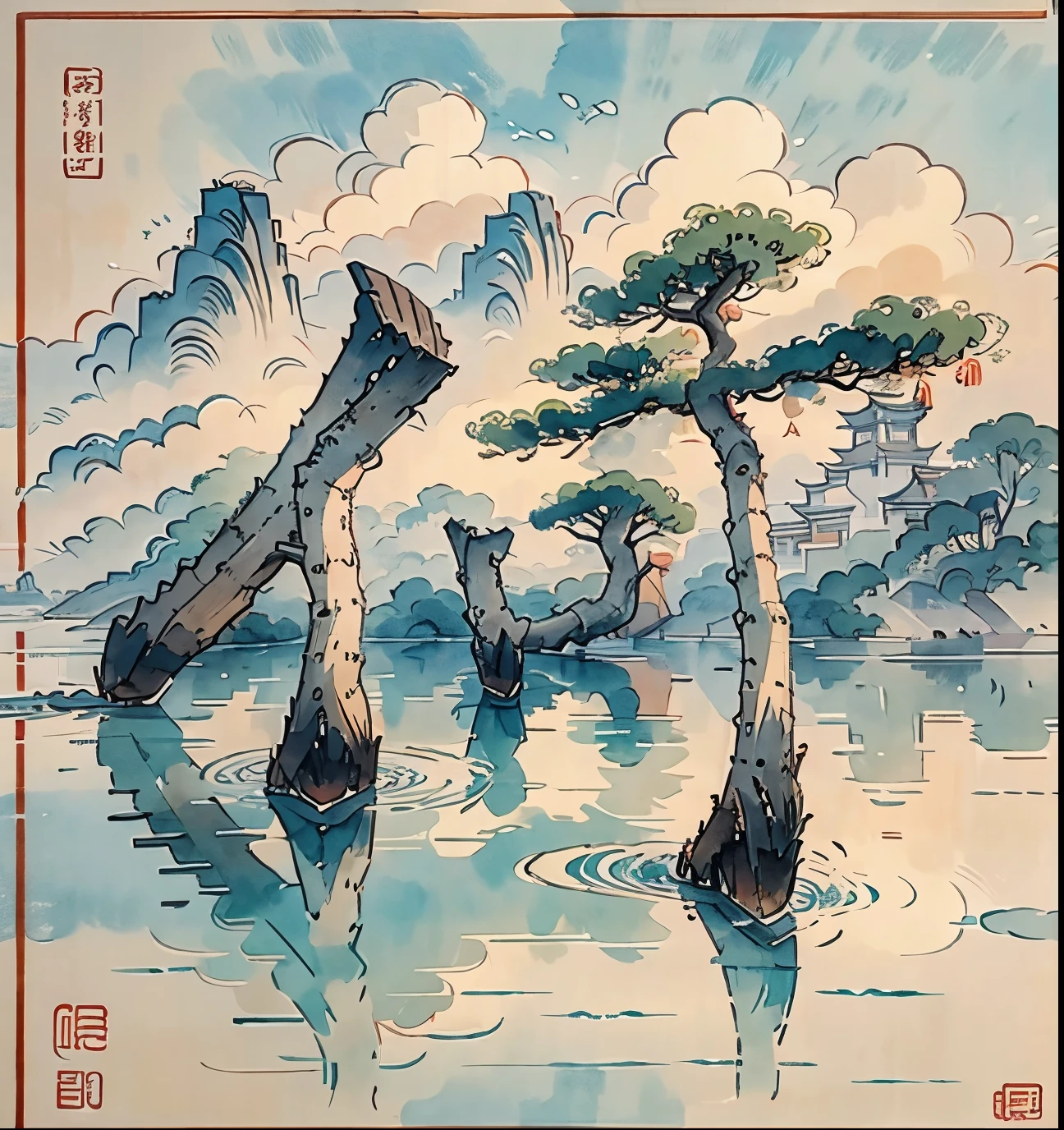 Ancient Chinese buildings on a lonely island，kiosk，Bamboo miscellaneous tree，cloud，green trees，Orange trees, chinese watercolor style, chinese painting style, Chinese landscape, traditional Chinese watercolor painting, chinese paintings, High detail watercolor 8K, highly detailed water colour 8 k, Reflection on the Seine，Dot a little，The boundaries between light and shadow are clear，Light and dark，light and shadow effect