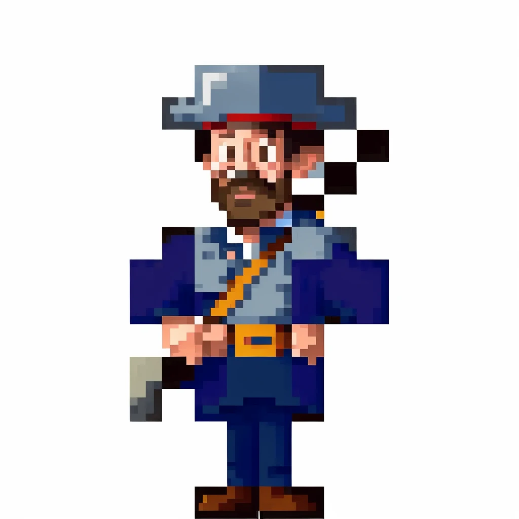 Colonial soldier with a black tricorn hat and a blue uniform with a high white collar and a red rank insignia in the middle of the chest and the sleeves of the uniform are blue with white cuffs and the trousers are dark trousers, which transitions into black boots, He also holds the weapon down with his right hand, while holding on to the top of the barrel with his left hand. 2 D Sprite, 1 Petapixel-Bild, pixel art sprite, SPRITE 2 D, Videospiel-Sprite, Reduced portrait of a duke, leicht verpixelt, Ein Pirat, symmetrical portrait rpg avatar, Starkes JPEG-Artefakt verschwommen, GanzköRpeR-SpRite, 2-D-Textur, 2-D-Textur