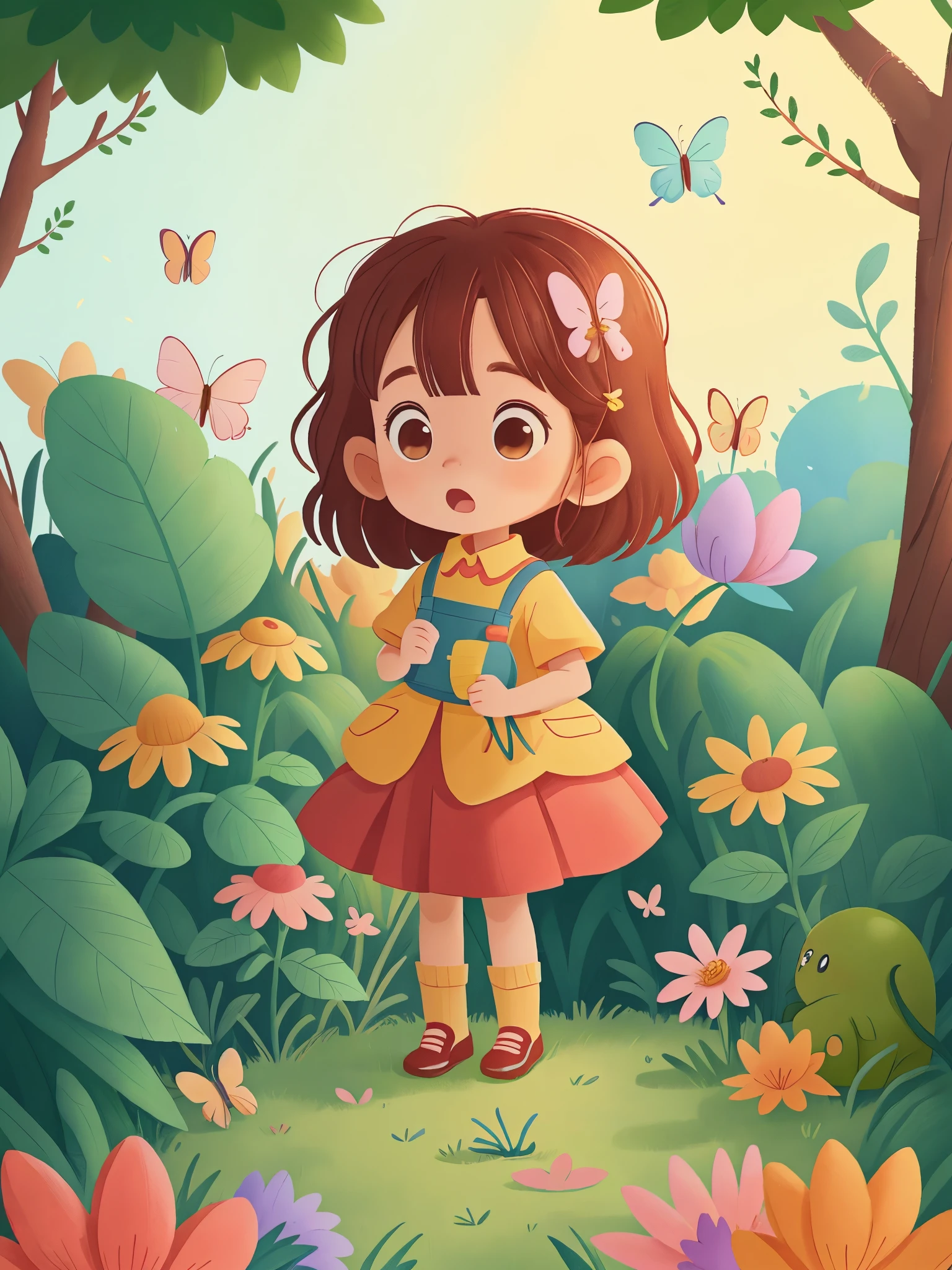 Little girl  surprised to see colorful flowers in the garden，strange fruit，shining butterflies，