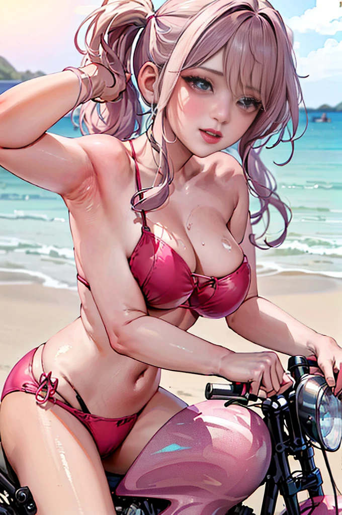 (best quality, highres, masterpiece:1.2), ultra-detailed, (realistic,photorealistic,photo-realistic:1.37), attractive woman with large breasts, riding a motorcycle, pink bikini, beautiful detailed eyes and lips, long eyelashes, detailed face and body, shiny black motorcycle, tropical beach background, sunny day, vibrant colors