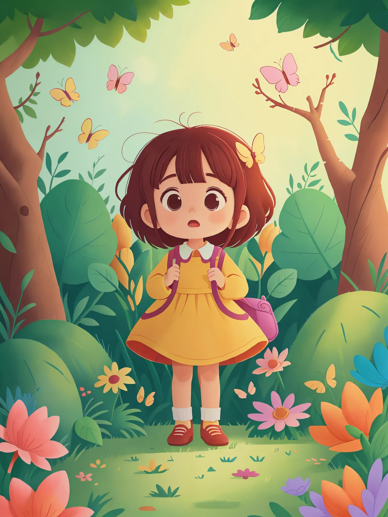 Little girl  surprised to see colorful flowers in the garden，strange fruit，shining butterflies，