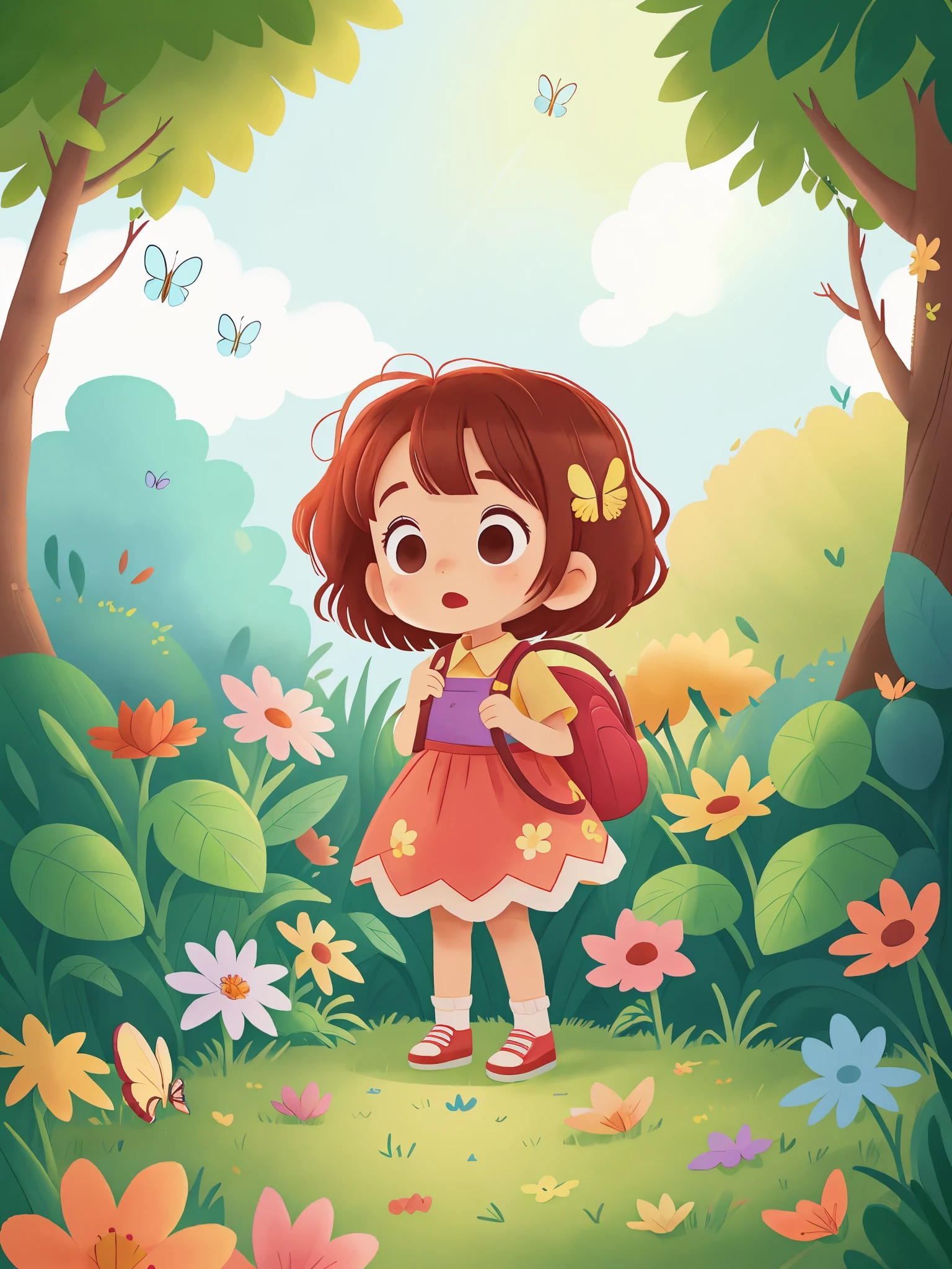 Little girl  surprised to see colorful flowers in the garden，strange fruit，shining butterflies，