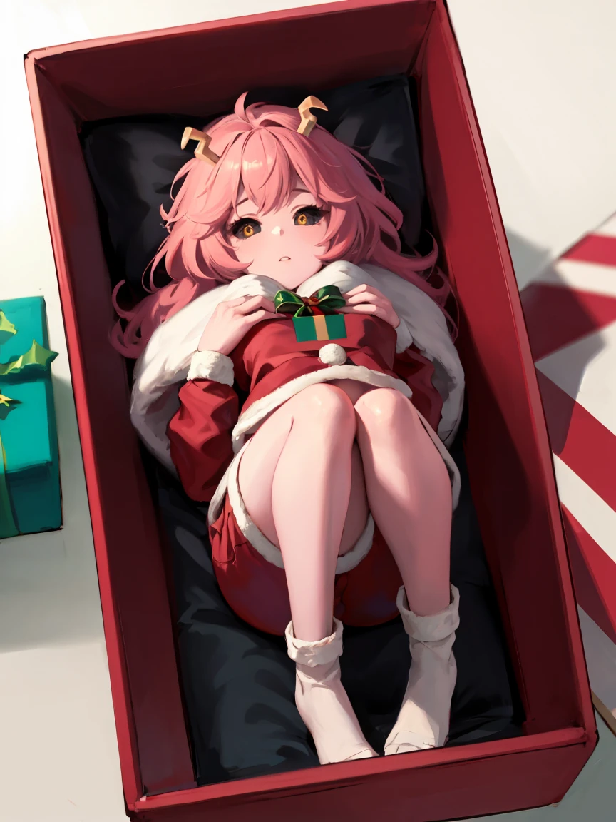 (master piece: 1.1), mina ashido, pink skin, chibi, pink hair, ((a close up of a girl inside a christmas box gift)), (yellow pupil), lying down, detailed horns on head, pink hair BREAK arms and hands behind, well detailed hands, perfect_hand BREAK bondage, inside the box, full body, lying on side, bound, arms behind back, detailed fur tied BREAK high detailed face, ((christmas costume, christmas outfit, red and white clothes)) BREAK (sfw), detailed background, sharp details, day, clear environment, (christmas_box_gifts, christmas gifts around, christmas set), from above view