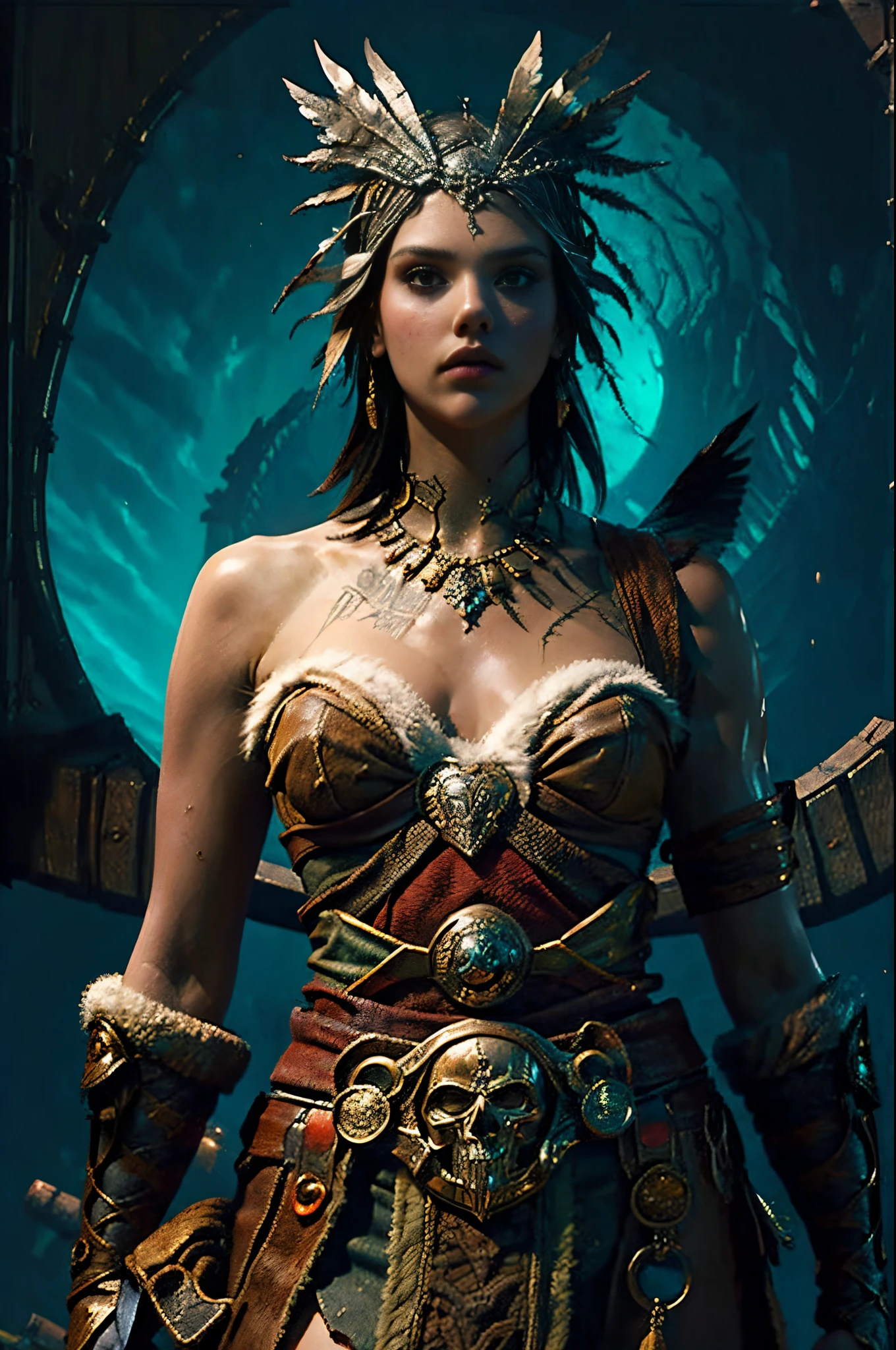 gothic art, lightand shade contrast, Standing picture, ramen, holland angle, emphasis lines, tmasterpiece, Acura, Anatomically correct, A high resolution, Best quality, super detailing, Award-Awarded,D14BL0 style female barbarian, Jessica Alba,woman, Beutiful women,feathered headdress,tribal leader,beauitful face,Dark skin,((Clean skin)),((详细的脸)),((Clean face)),((詳細な目)),((correct hand)),((Correct anatomy)),Epic war fantasy digital art,Correct anatomy,(greg rutkovsky:0.8), (cyan and orange:0.4),