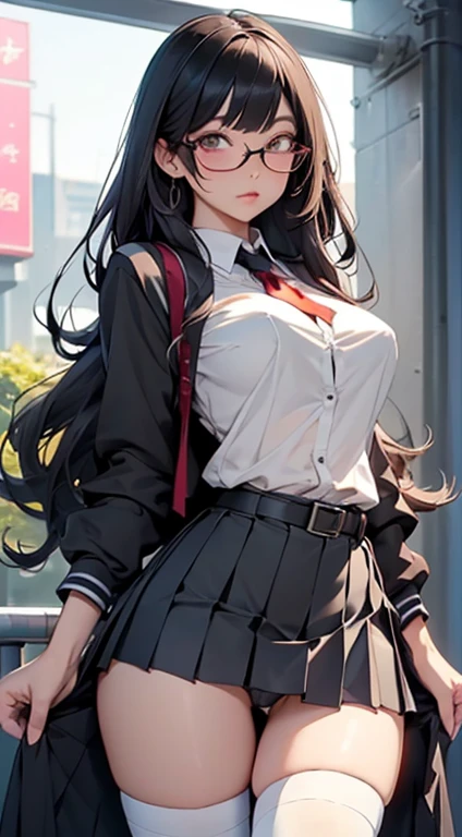 (Long black straight hair)、 Standing facing the front 、Full body posture、 (A detailed eye、二重まぶた、eye glasses、embarrassed from)、 (School Uniforms:1.3)、(sexy super mini pleated skirt:1.3)、(Skirt lift:1.4)、(showing sexy low leg panties:1.4)、(garterbelts:1.3)、(thigh-high socks:1.3)、) 、((Cameltoe:1.3)、(Model body type、Slim waist)、big butts、Large Thigh、(zettai ryouiki:1.3)))、(５Fingered hand、Highly detailed facial and skin texture)、 (ultra close up:1.3)、Focus on the crotch、(From below:1.2))、((top-quality、8K,​masterpiece:1.3))、(Beautiful woman with perfect figure:1.4)、(Many colorful flowers bloom in the background:1.3)