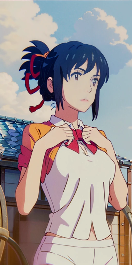 miyamizu_mitsuha, red bowtie,
jewelry, white yoga crop top, white yoga tight shorts, hands on chest,see-through, looking at viewer,  hair ornament, choker, shy,
(masterpiece, top quality, best quality, official art, beautiful and aesthetic:1.2), (1 girl), extreme detailed,  colorful, highest detailed,
(huge breasts:1.2, upper body, from below,  cameltoe,  ) white panties,
china city,street,  sun, cloud, wall, leaning,