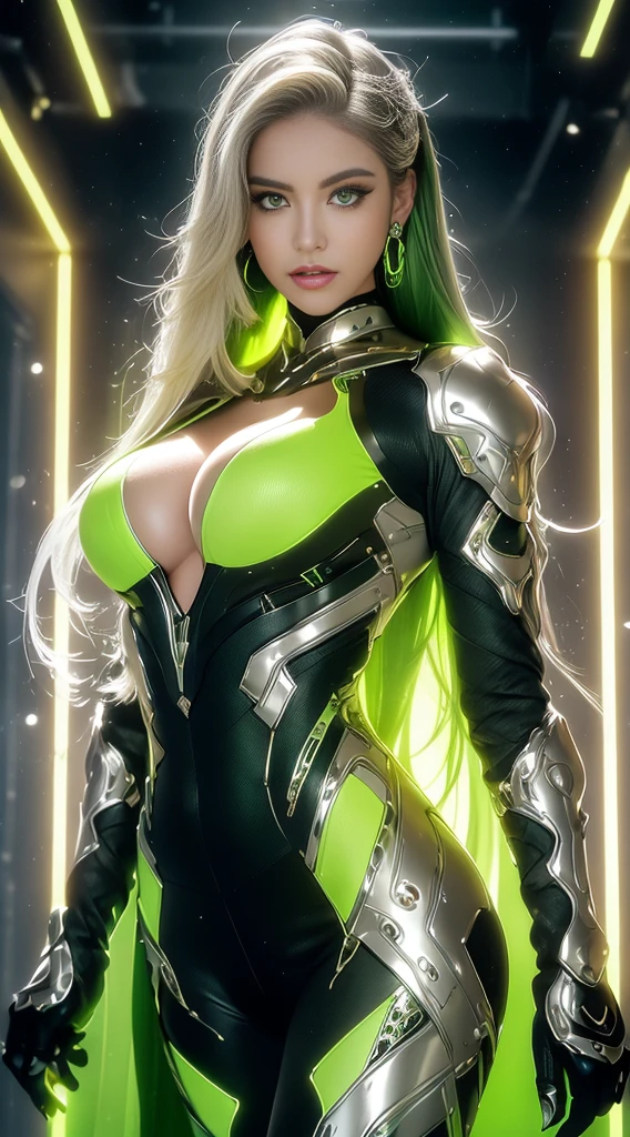 (masutepiece), Best Quality, Expressive eyes, Perfect face, face with beautiful details, beautiful round eyes, Full body, A beautiful mature woman wearing a cyber armor suit shows off her super big and attractive breasts, (arrogant face), (light green hair), (Twin-tailed, expressive hair, Shiny hair, Glowing hair, multicolored hair, Gradient Hair, Colored inner hair, Straight hair, medium long hair skin, (Beautifully detailed full body suit:1.3), full body cyber armor, Glittering armor, silver and green cyber armor, (edge light:1.4), (Silver and green color scheme:1.3), armor neon lights, beautiful finely detailed eyes, (emerald eyes:1.3), (Glowing eyes:1.2), (huge drooping breasts:1.6), Tight breasts, thick body, (well-emphasized curves), Pink lips, (silver nariascara, long eyelashes, eyeliner very wide、defined hips:1.3), (Beautiful and huge thick thighs:1.3), Has a tall and slender body, (high detailed skin texture:1.2), beautifly、Detailed and realistic muscle definition, sparkling golden light, High detailed eyes, Ultra high quality model, proportionate, intense color fantasy, (background fantasy floating cyber city), four colors of green and gold, Random Poses, earrings, (1girl in), Solo, shine