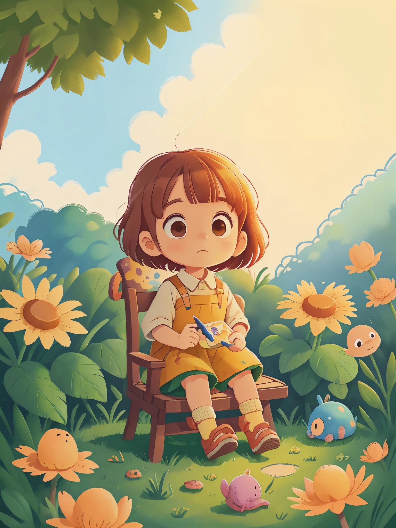 The sun  setting in the west，Little girl sitting in the center of the garden，Painting her favorite scenery，surrounded by new friends，