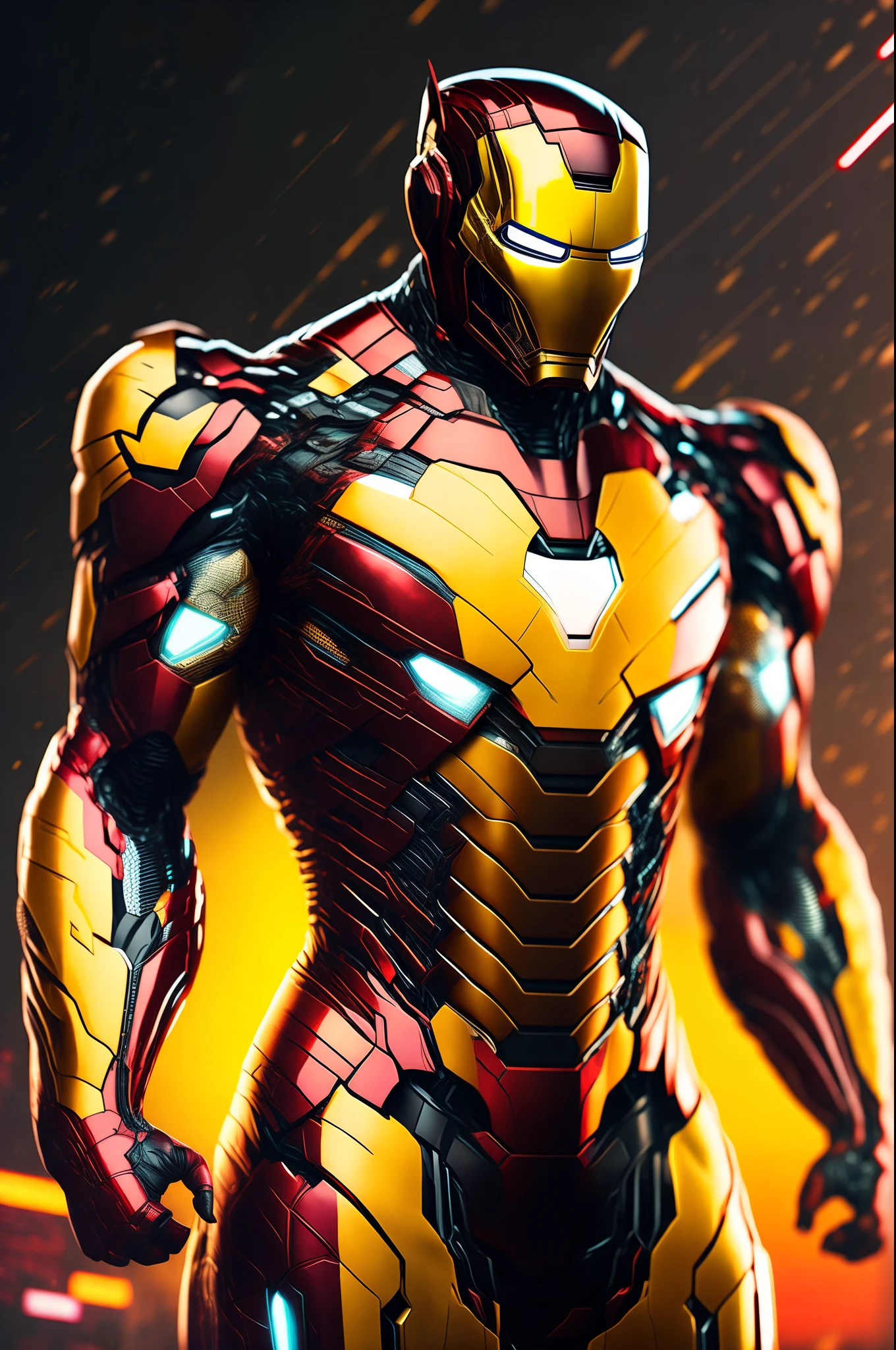 Marvel Ironman Corpo Inteiro, armadura amarela e preta, Cyberpunk, 8k