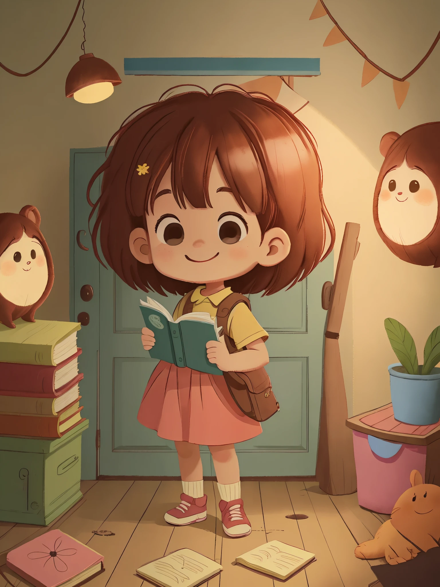 holding an adventure diary,With a satisfied smile on his face,Step into the dimly lit home,