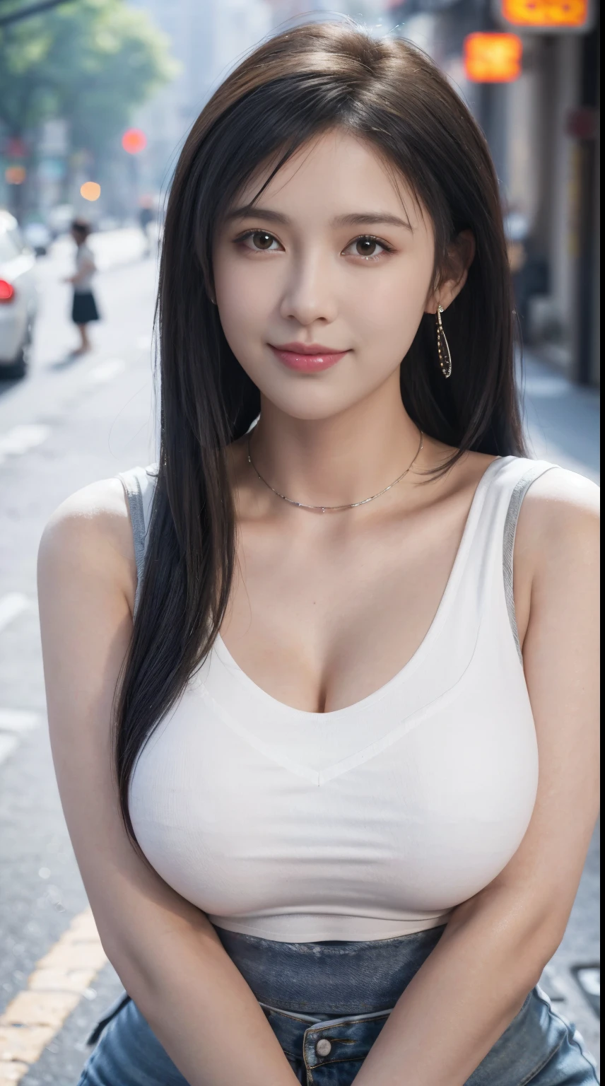 8K,hyper HD,tmasterpiece, Best quality at best, cinematic Film still from, 1 plump girl, the street, Low-cut transparent dress, Colossal tits,humongous large breast,low chest, closeup cleavage, bright, cheerfulness, Warm and soft lighting, (fog atmosphere: 0.7) bonnet,(Low-cut T-shirt:1.3),Wear earrings,overmany,ssmile, choker necklace,Colossal tits