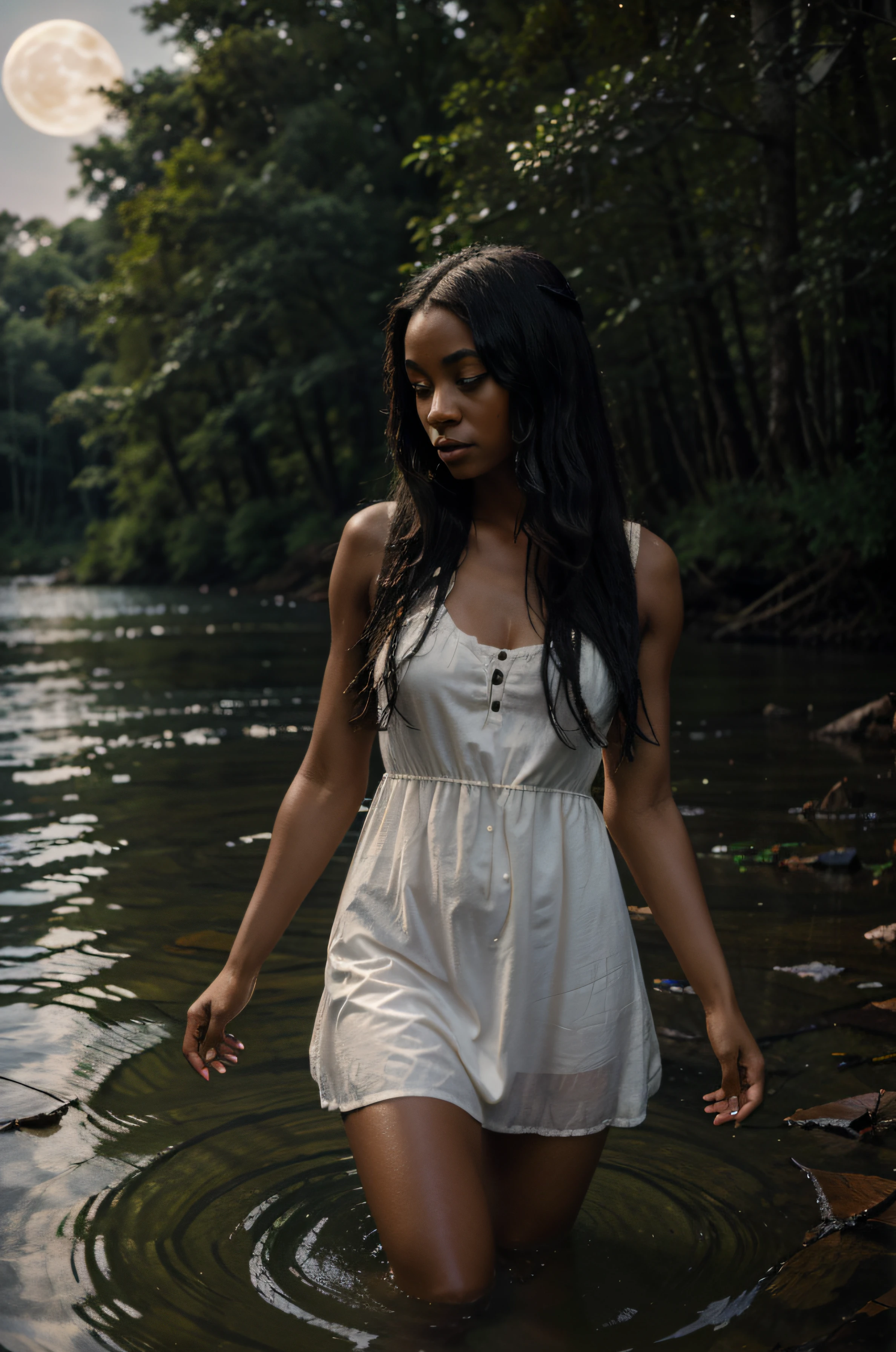 Girl about 25 years old, African american, The Forest Witch, big eyes, with long hair, ethnic tattoos, standing waist-deep in the water of a forest lake or river, night time, river lilies around her, wearing a cream semi-sheer wet dress with a waist. It&#39;s deep night, The moon is shining, There are stars in the sky, soft moonlight falls on the girl, she looks at the sky. gotik, Dark, Fine art painting, cinema, 8K