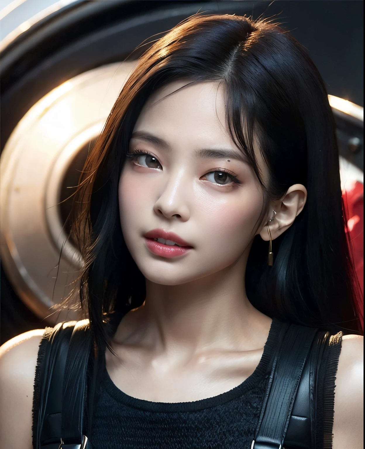 Estilo ff7r,1girl, (Tifa:1.2),sozinho, cabelos longos, Brincos, red eyes jewelry,sem olhos inchados,cabelos pretos, Olhando para o Viewer, Realistic,separated-lips, Tampo do tanque, franja varrida, lips, retrato, suspenders, bareshoulders, olhos vermelhos,,bangaster piece)),