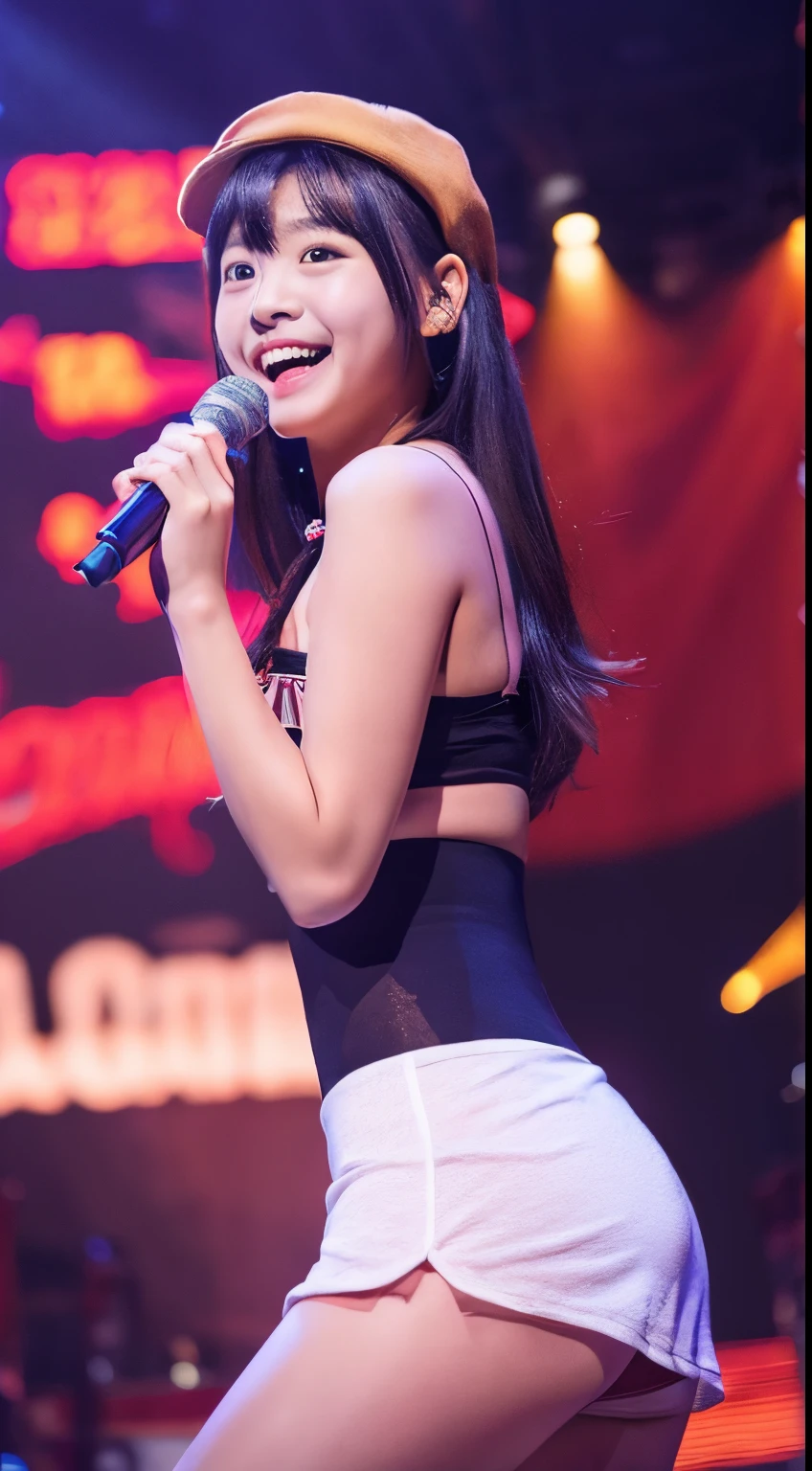 high-level image quality、hight resolution、ars old girl、小柄、japanes、a beauty girl、Idol singer、A smile、sing at stage、Sexy costume、a miniskirt、The skirt is very short、Panties are visible、