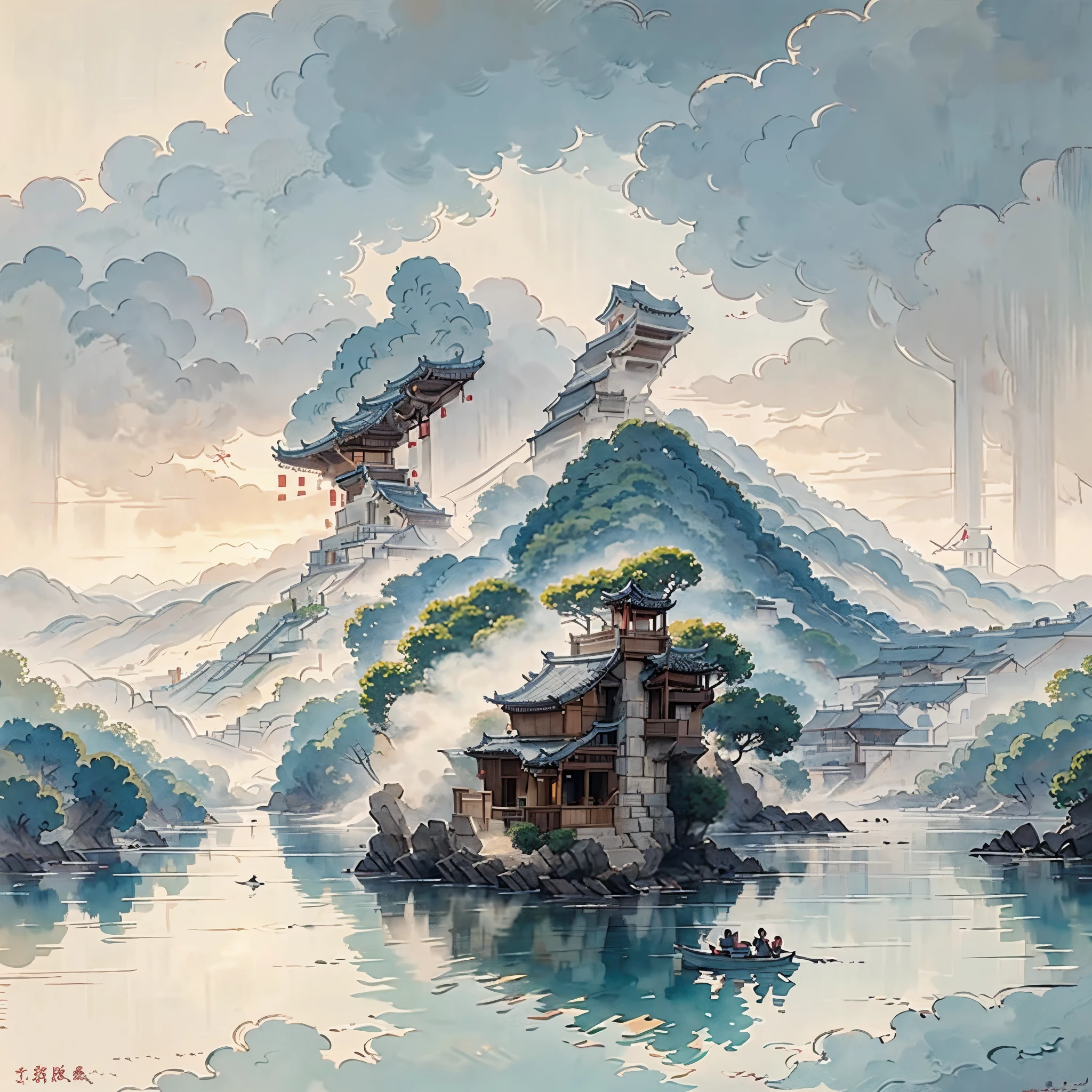 Ancient Chinese buildings on an isolated island，kiosk，Bamboo miscellaneous tree，​​clouds，green trees，Orange trees, chinese watercolor style, chinese painting style, Chinese landscape, traditional Chinese watercolor painting, chinese paintings, High detail watercolor 8K, highly detailed water colour 8 k, Reflection on the Seine，Click a little，The boundaries between light and shadow are clear，Light and Shade，light and shadow effect