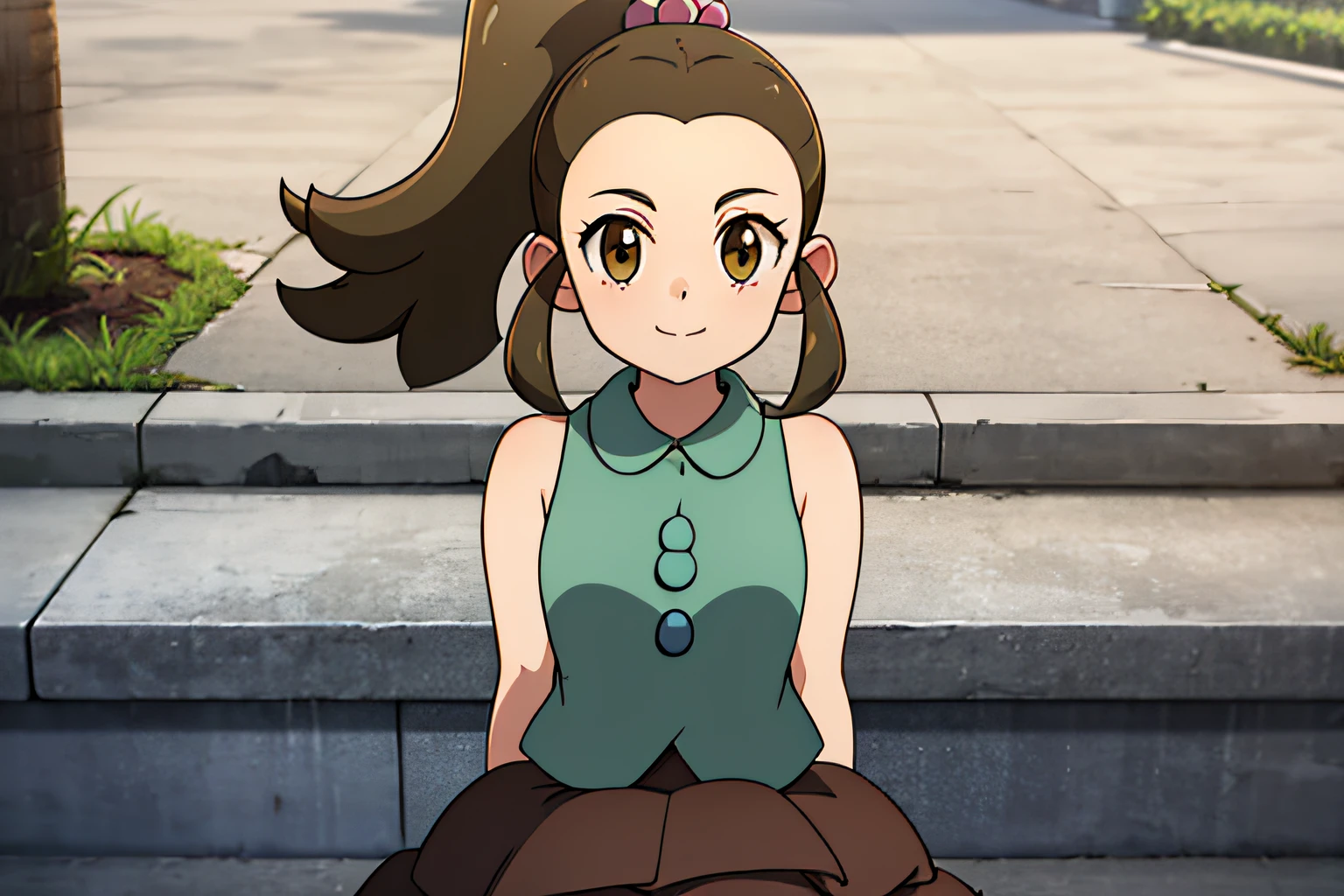 SCHOOLKID ORAS, HAIR BOBBLES,FOREHEAD,SLEEVELESS SHIRT,BROWN SKIRT,KNEEHIGHS,SNEAKERS, 1girl, solo, facing viewer, looking at viewer, upper body, smile,