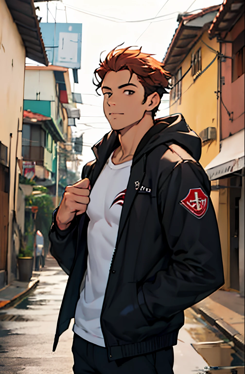 A mais alta qualidade, on a street similar to São Paulo , apoiado em um dos postes, adolecente, lion men, wearing a cold jacket, expressao divertida, masculo, chest a little tight in the jacket, (angulo de baixo), pernas definidas, defined arms, abdomen definido, com a camisa,