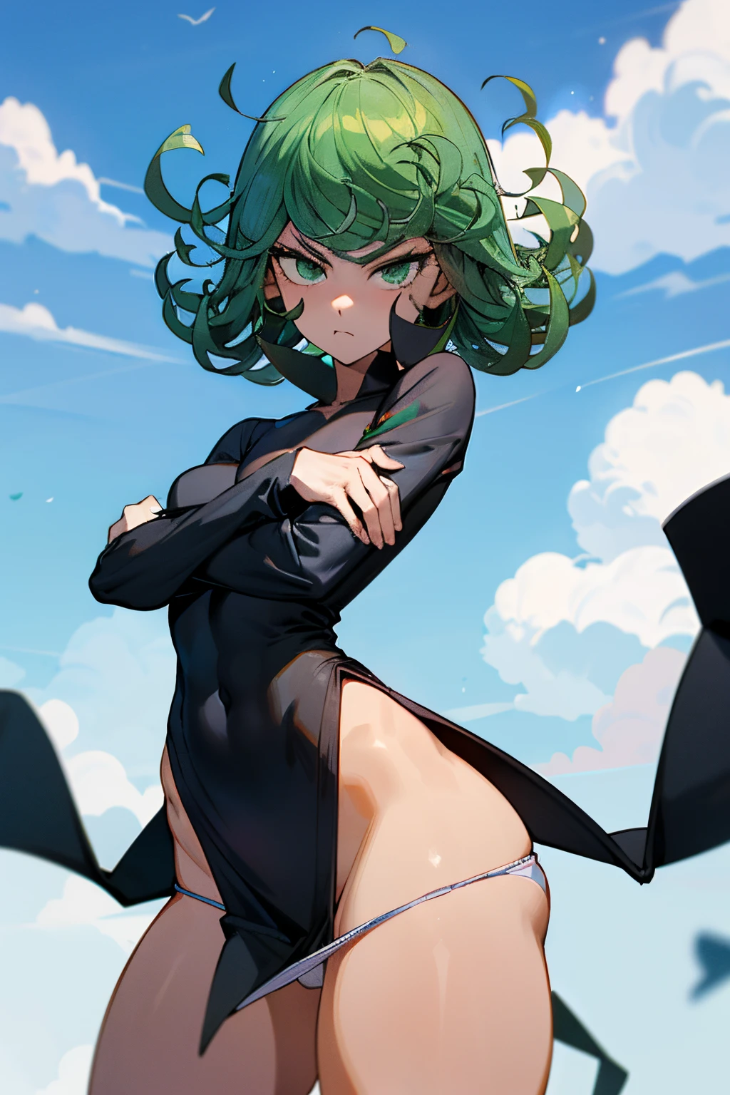 (masterpiece, best quality: 1.2), cowboy shot, solo, 1girl, (tatsumaki), angry, mouth shut, looking at the viewer, arms crossed, black dress, blue sky, clouds, wide hip, thick thighs, defined body, perfect beautiful body, perfect beautiful ass, micro white panties insert in the crotch, ((white panty))