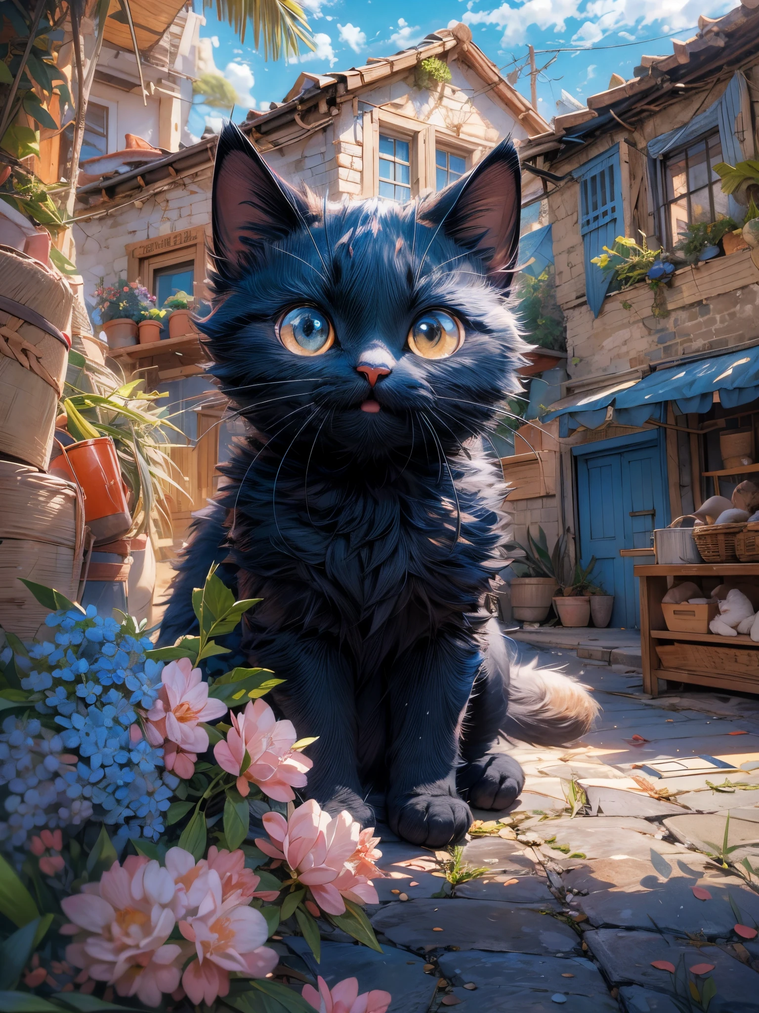 absurderes, ultra-detailliert,bright colour,(8K:1.5),masuter piece,extremely beautiful detailed face and eyes,(Cat personification:1.3)、(Deep Blue Eyes:1.4) Valley、Pink skin、Summer morning、Back alley、stand and do cat pose,(Too cute smile:1.3)、There's a cute black cat next to me...