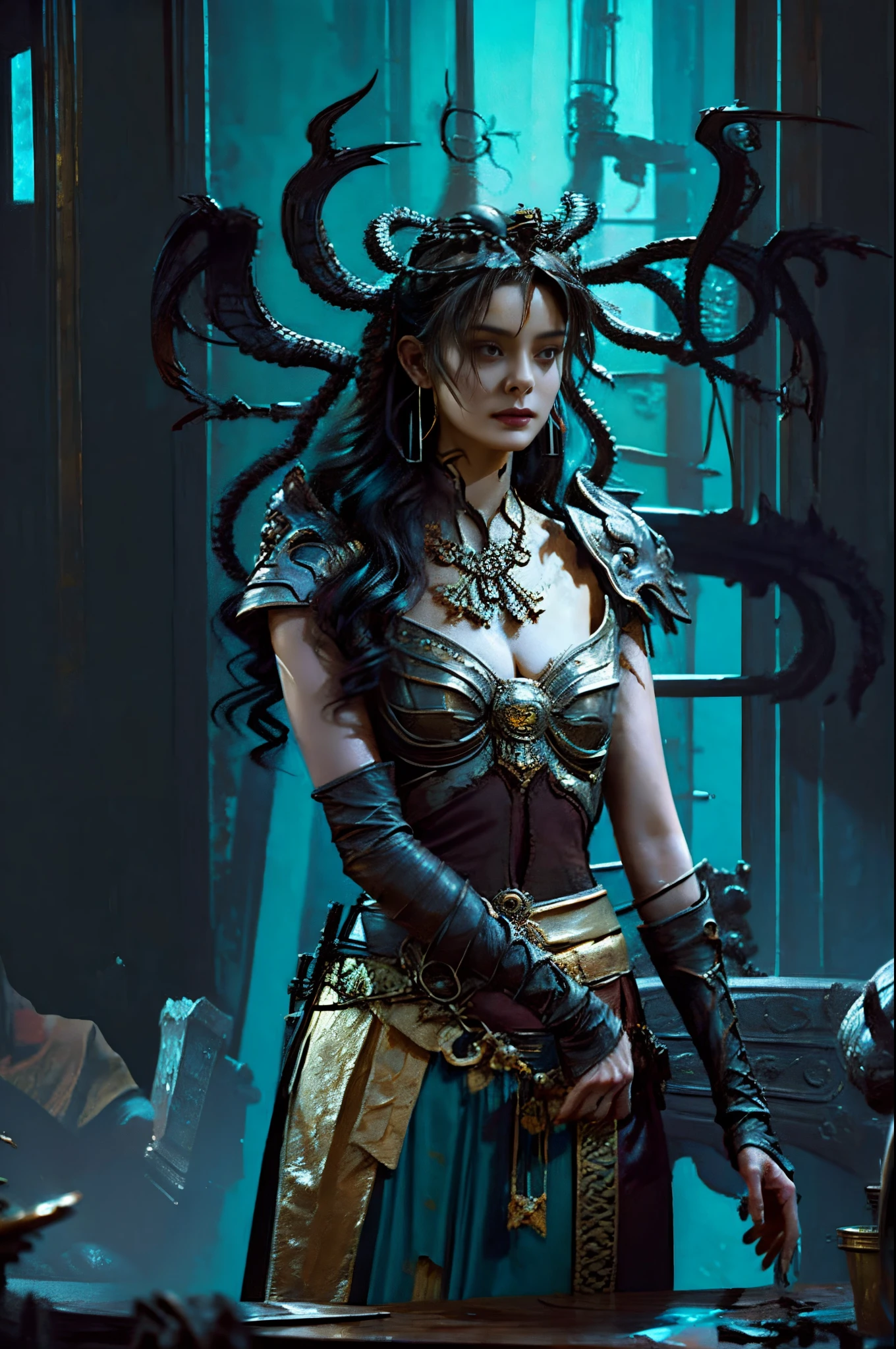 's, gothic art, lightand shade contrast, Standing painting, estimate, holland angle, emphasis lines, tmasterpiece, acurate, Anatomically correct, A high resolution, Best quality at best, super detailing, Award-Awarded，D14bl0 style medusa，((1girl))，((yangmi)), (4 arms), greek myth, Lamia，((Clean skin))，((详细's脸))，((Clean face))，((詳細な目))，((correct hand))，((Correct ???????)), Epic war fantasy digital art，(greg rutkovsky:0.8), (cyan and orange:0.4），People drawing, Standing painting