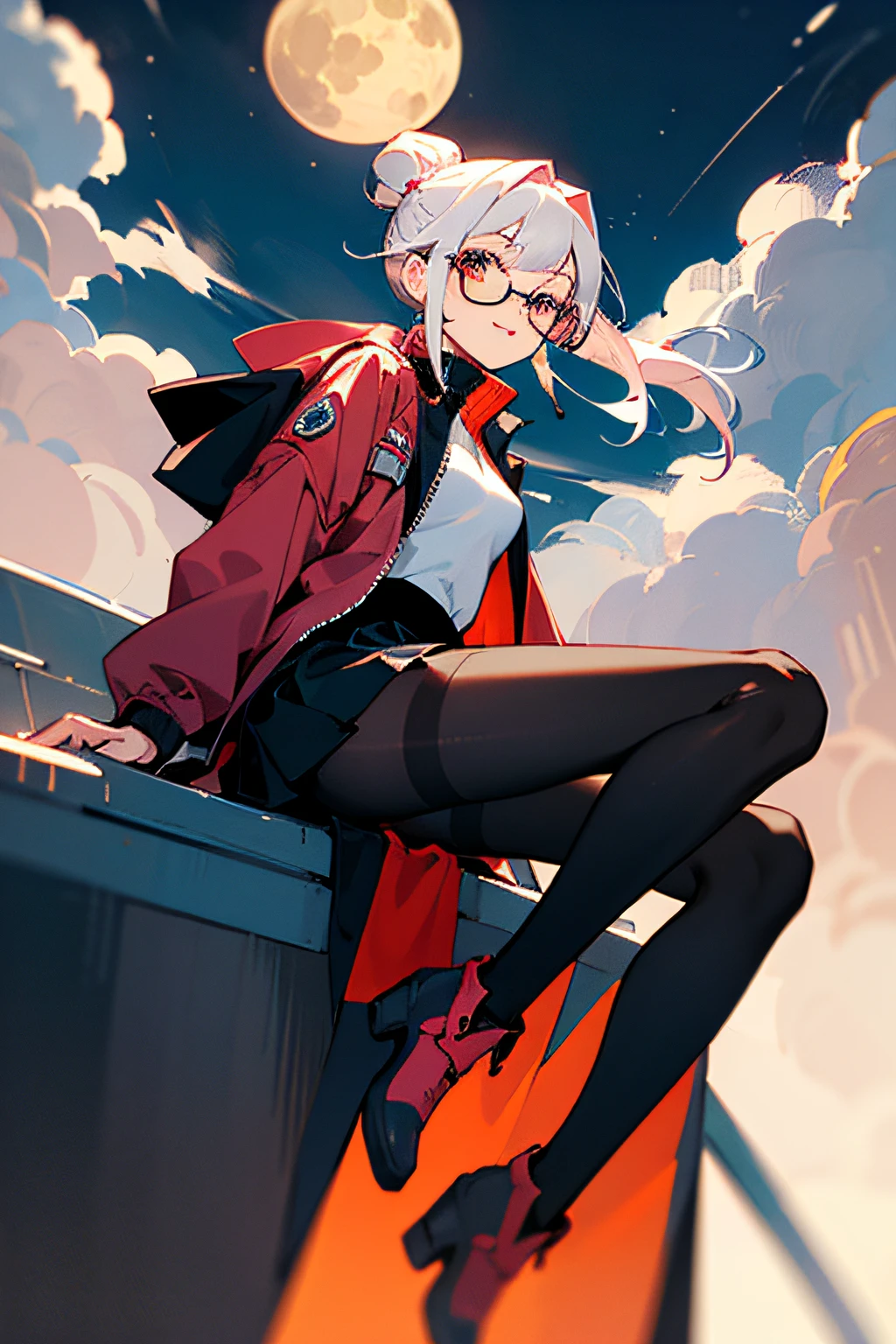 SF taste。single top knot。 shush, About 16 years old、Cute little girl s。 red traveler glasses。 Gray hair with asymmetrical bangs。 The expression is a smile、Eyes are sagging eyes。 The costume is a short flared skirt、Black pantyhose that doesn&#39;t show the leg skin。 small tits。 The whole body is shown。 very high res。ighly detailed。 A pose where you turn around and sit gracefully in the hands of a machine..。 Full moon night on background。Futuristic clothes。jaket。shot from head to toe。Best Quality。Wearing long boots。black turtleneck under jacket。Other than pantyhose and turtlenecks, The costumes are based on two colors.: White and pale pink.。No exposed skin。The nape is visible。
