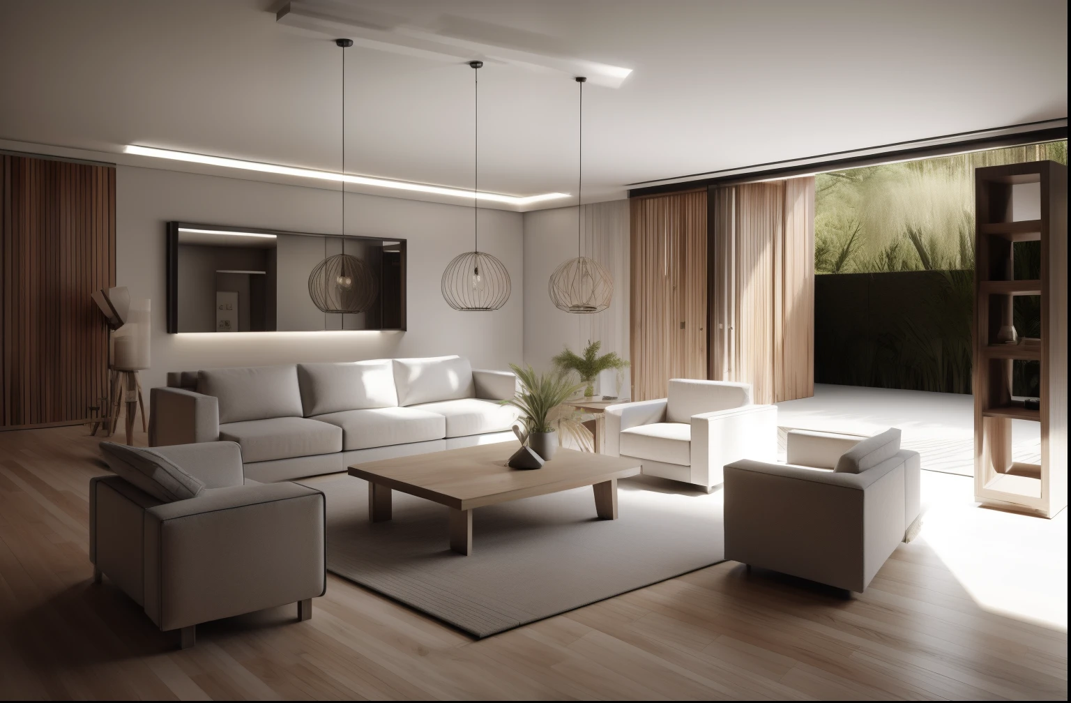 Design de interiores, fotografia de arquitetura de grande angular incrivelmente detalhada, cozy contemporary living room (luz solar quente e brilhante 1: 0,1), award-winning contemporary interior design, scenecy, mesa, cadeira, dentro de casa, piso de madeira, janela, restaurante, east asian east asian architecture, portas de correr, lamp, arquitetura, floresta, natureza, copa, planta, DESIGN DE INTERIORES, luzes e sombras interessantes, profundidade de campo, pouca luz, ,jean nouve. salvador dal. burle marx