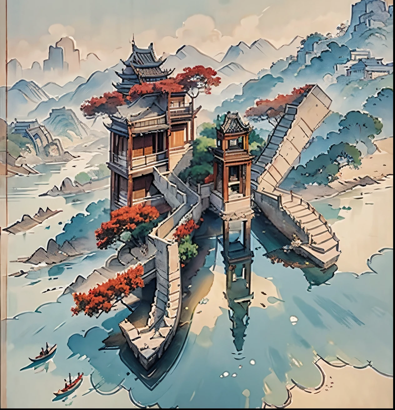 Ancient Chinese buildings on an isolated island，kiosk，Bamboo miscellaneous tree，cloud，green trees，Orange trees, chinese watercolor style, chinese painting style, Chinese landscape, traditional Chinese watercolor painting, chinese paintings, High detail watercolor 8K, highly detailed water colour 8 k, Reflection on the Seine，click a little，The boundaries between light and shadow are clear，light and shadows，light and shadow effect