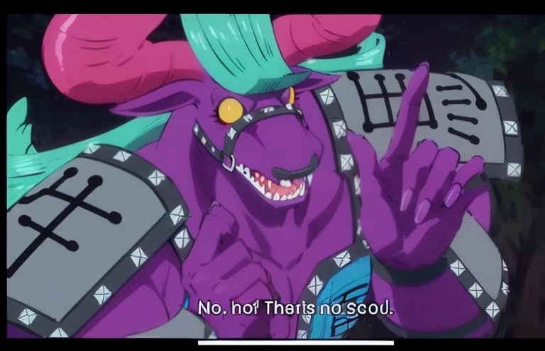 Close up of cartoon character with purple hat and green hair, from one piece, however、As an anthropomorphic dragon, style of ssss.gridman (2018), colorful muscular eldritch, Badass Dragon, in an anime, He is very menacing and evil, as a badass monster hunter