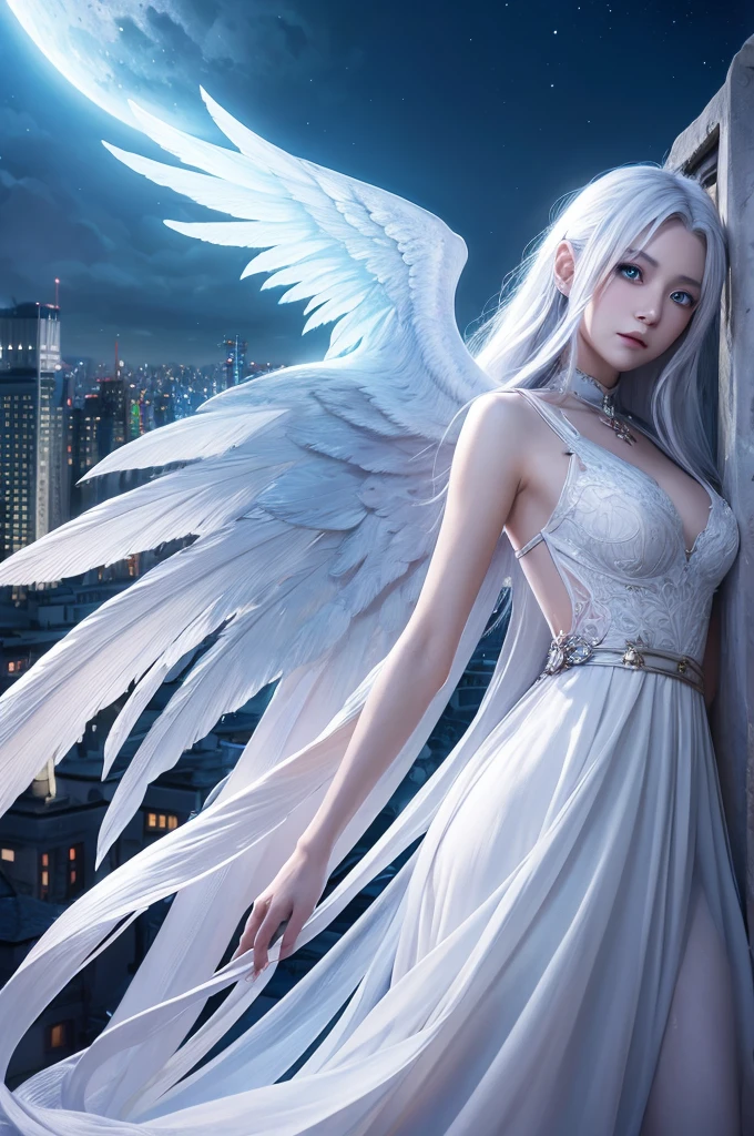 A Japanese Lady, Blue eyes, Her long white hair looked out over the city.................., beautiful fantasy art, ethereal fantasy, very beautiful fantasy art, beautiful digital works of art, digital art fantasy, futuristic and inhuman, digital art fantasy ), amazing fantasy art, beautiful fantasy, digital art fantasy art, 4K highly detailed digital art, detailed fantasy digital art, Beautiful digital art, digital art fantasy, Moon, Angel wings