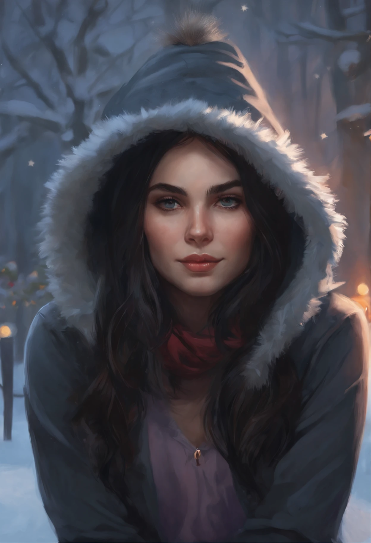 真实感, a painting, Fantastic tale, Christmas style, John Tolkien style, Small painting by Jean-Baptiste Monge , in the art style of bowater, 8K Artgerm Bokeh, realistic art style,Painting of a rocker girl in the hood, sitting in front of the Christmas tree, Portrait of a rocker girl, Soft facial features, Rocker Girl, sitting in a chair in a hood with loose black Straight hair , near the Christmas tree, Soft facial features, Wearing tight laces, Wear a sweatshirt, With light makeup, dark pink lips, lip shape"pearlescent" ,"curved eyebrows in the shape of Engriberts, Cyan eyes, heavy-lidded eye shape, Human Hand, Very clear without flaws with five fingers, Long black straight hair sticking out from under the hood, in a lilac hoodie, in black leggings,mischievous character, fireplace, Christmas tree, Gifts, ,artwork in the style of guweiz, detailed character portrait, extremely detailed artgerm, artgerm and atey ghailan, charlie bowater art style, Jean-Baptiste Monge, anthropomorphic --ar 2:3 --testp -optimistic; straight hair