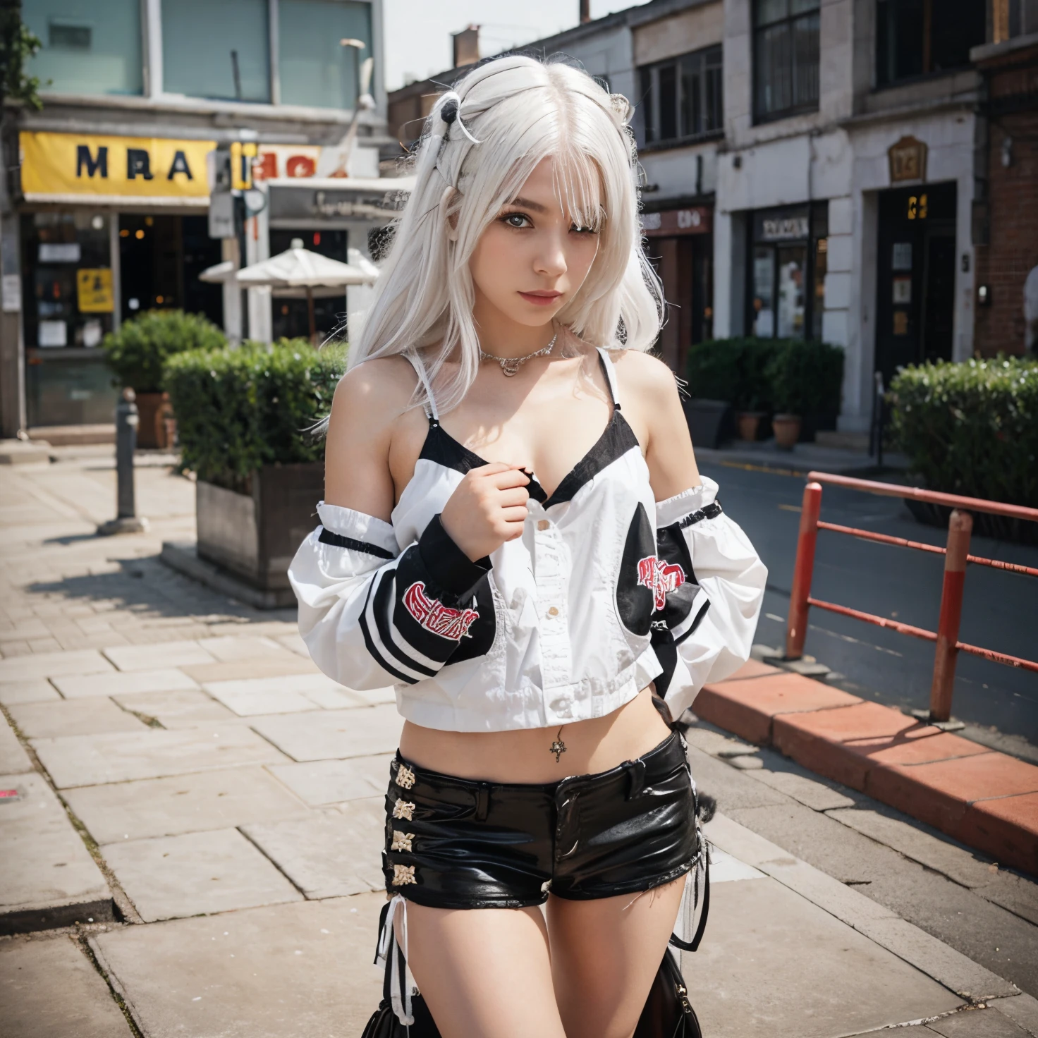 (highly detailed:1.3),
1girl, solo,
senti, red eyes, (light smile:1.3), (white shirt:1.3), (punk oufit, jacket, shorts, sunglasses,ribbons:1.6), (cowboy shot:1.2), (necklace:1.2), (arms behind back:1.3),
Ultra-detail, (highres:1.1), best quality, (masterpiece:1.3), cinematic lighting,
(highly detailed face and eyes:1.3),