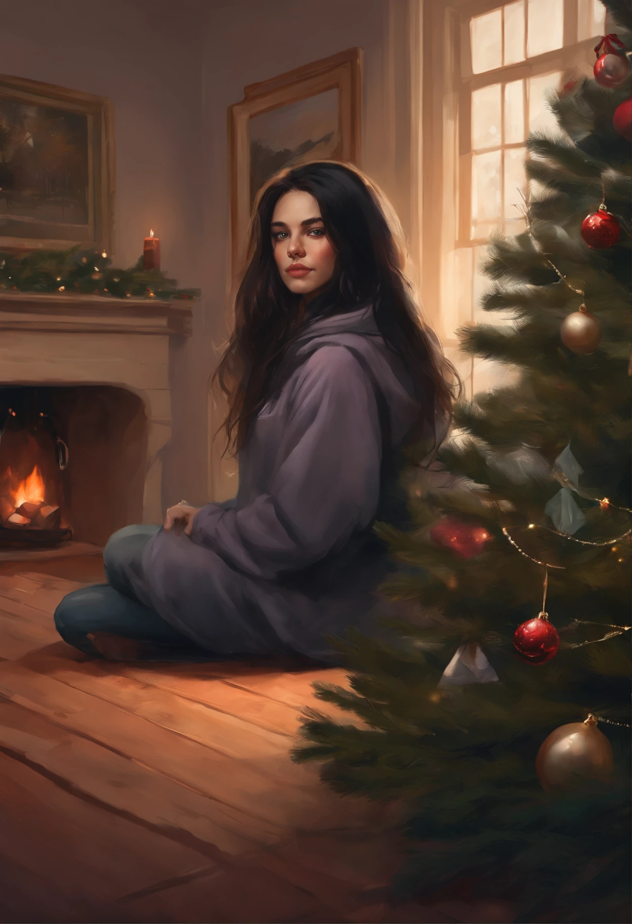 真实感, a painting, Fantastic tale, Christmas style, John Tolkien style, Small painting by Jean-Baptiste Monge , in the art style of bowater, 8K Artgerm Bokeh, realistic art style,Painting of a rocker girl in the hood, sitting in front of the Christmas tree, Portrait of a rocker girl, Soft facial features, Rocker Girl, sitting in a chair in a hood with loose black Straight hair , near the Christmas tree, Soft facial features, Wearing tight laces, Wear a sweatshirt, With light makeup, dark pink lips, lip shape"pearlescent" ,"curved eyebrows in the shape of Engriberts, Cyan eyes, heavy-lidded eye shape, Human Hand, Very clear without flaws with five fingers, Long black straight hair sticking out from under the hood, in a lilac hoodie, in black leggings,mischievous character, fireplace, Christmas tree, Gifts, ,artwork in the style of guweiz, detailed character portrait, extremely detailed artgerm, artgerm and atey ghailan, charlie bowater art style, Jean-Baptiste Monge, anthropomorphic --ar 2:3 --testp -optimistic; straight hair