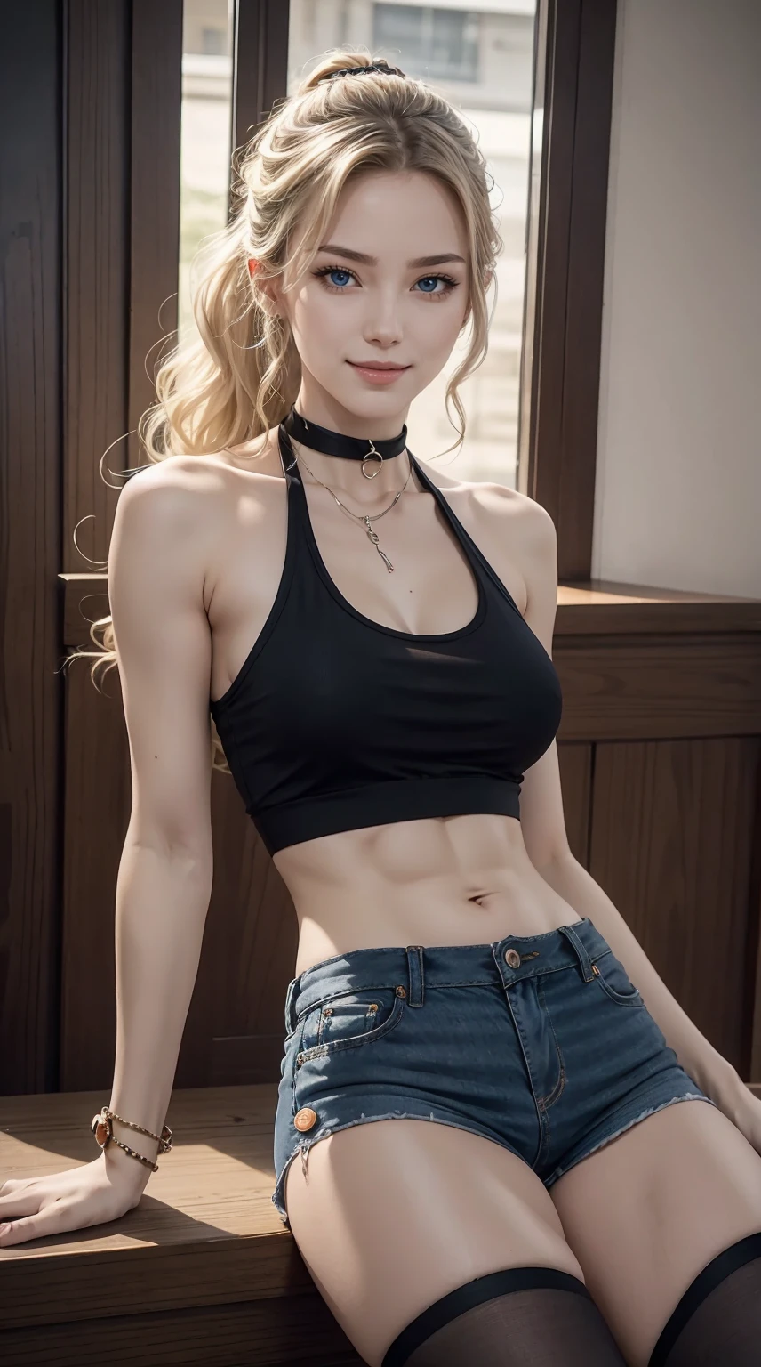 25-year-old Caucasian woman、platinum-blonde、blue eyess、Semi-long、My hair is wavy、Hair is tied up、accessories on the wrist、wearing a choker、My abs are cracked、a smile、Tall and slender, with a well-proportioned, slender, muscular body、I don't want my head to disappear from the screen.、wearing a halter neck tank top、I'm wearing low-rise hot pants、I'm wearing pin heels、Wearing black stockings、Placing a cat on my lap and petting it