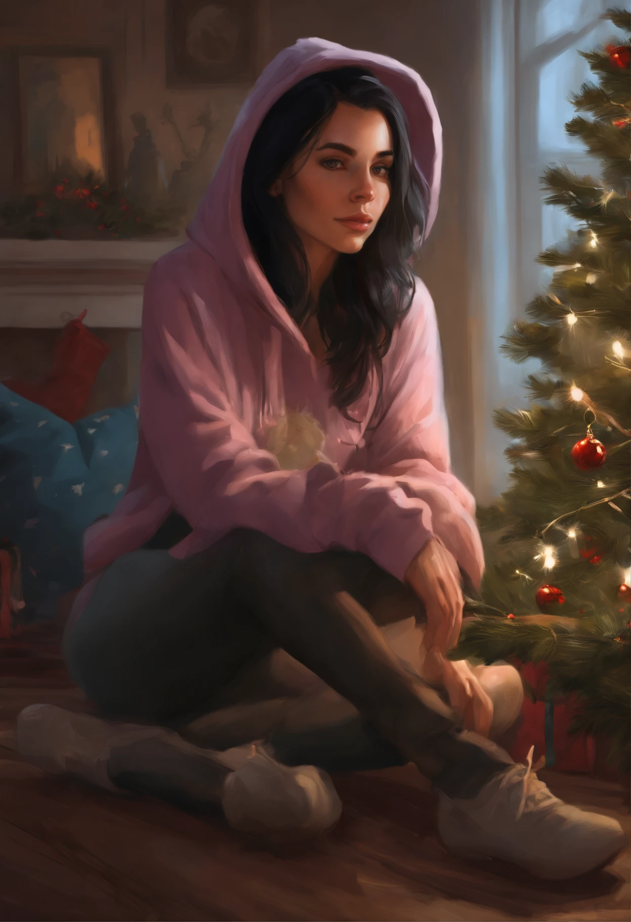 真实感, a painting, Fantastic tale, Christmas style, John Tolkien style, Small painting by Jean-Baptiste Monge , in the art style of bowater, 8K Artgerm Bokeh, realistic art style,Painting of a rocker girl in the hood, sitting in front of the Christmas tree, Portrait of a rocker girl, Soft facial features, Rocker Girl, sitting in a chair in a hood with loose black Straight hair , near the Christmas tree, Soft facial features, Wearing tight laces, Wear a sweatshirt, With light makeup, dark pink lips, lip shape"pearlescent" ,"curved eyebrows in the shape of Engriberts, Cyan eyes, heavy-lidded eye shape, Human Hand, Very clear without flaws with five fingers, Long black straight hair sticking out from under the hood, in a lilac hoodie, in black leggings,mischievous character, fireplace, Christmas tree, Gifts, ,artwork in the style of guweiz, detailed character portrait, extremely detailed artgerm, artgerm and atey ghailan, charlie bowater art style, Jean-Baptiste Monge, anthropomorphic --ar 2:3 --testp -optimistic; straight hair