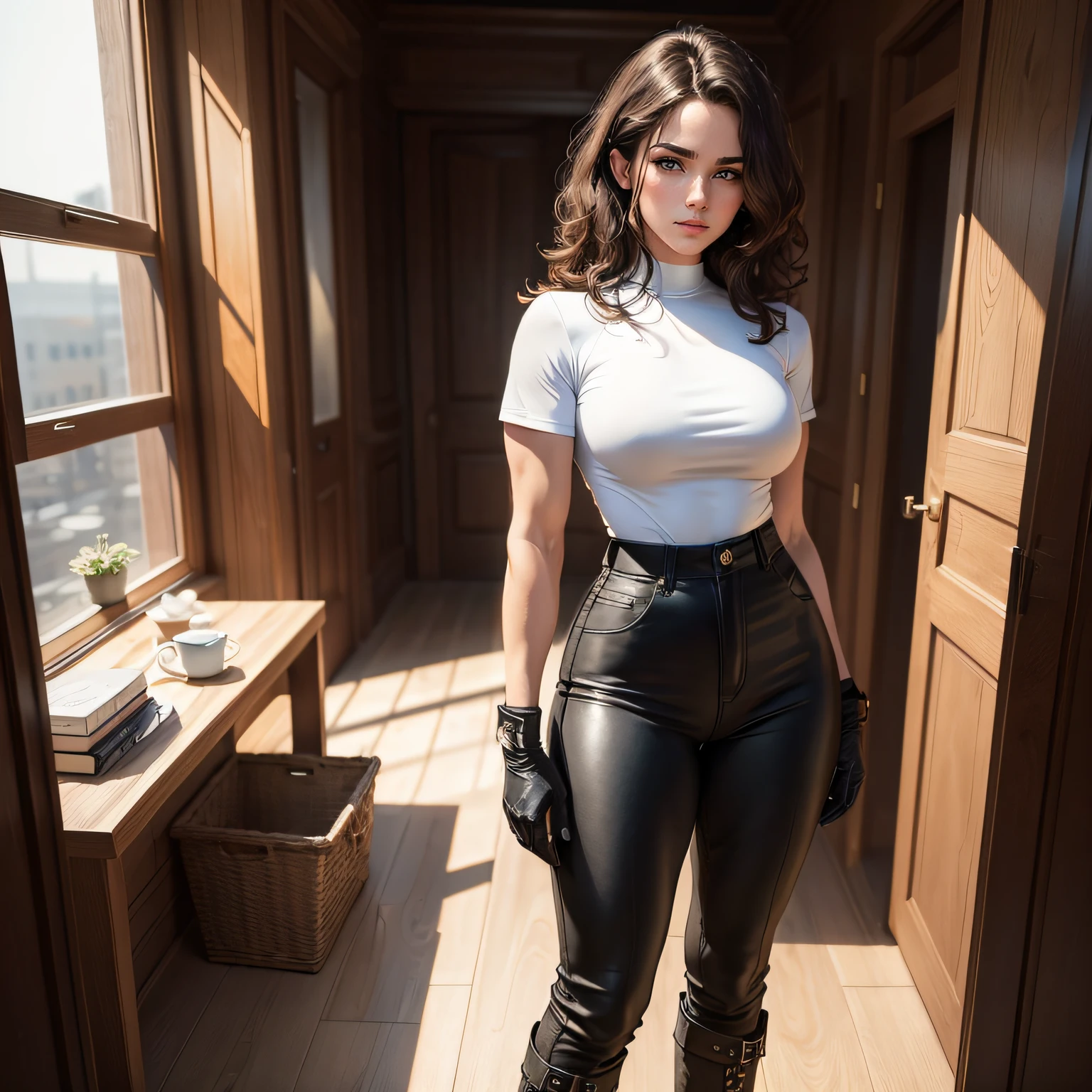 masterpiece, best quality, Americana, black pants, white tight shirt looking at viewer, wavy hair, brown hair, short hair, age 22, high legs, boots, gloves, standing, Military, muscular, military