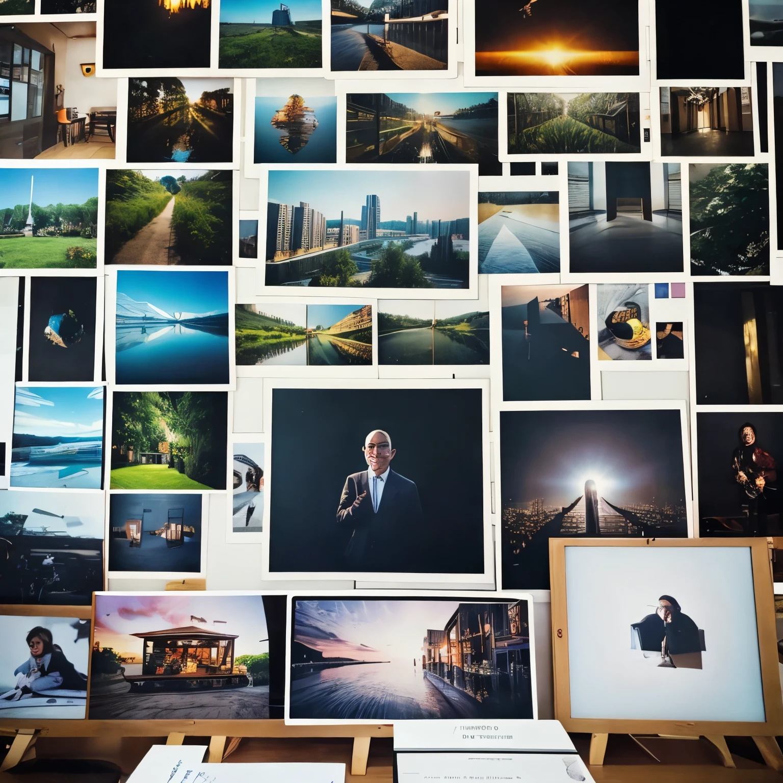 many photos on the table,,,The photo is white